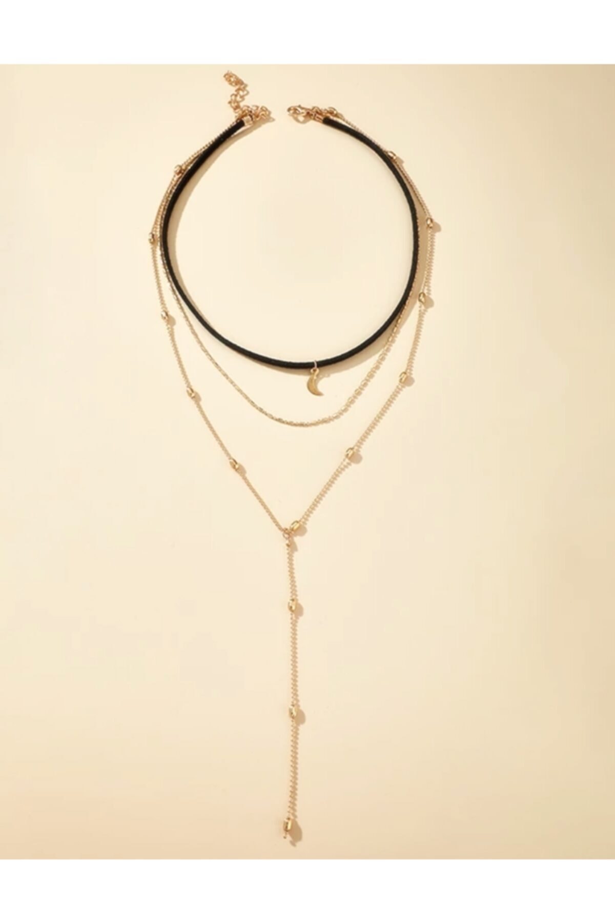 Nishstyle Ay Uçlu Gümüş Renk Zincirli Siyah Kadife Üçlü Choker Kolye