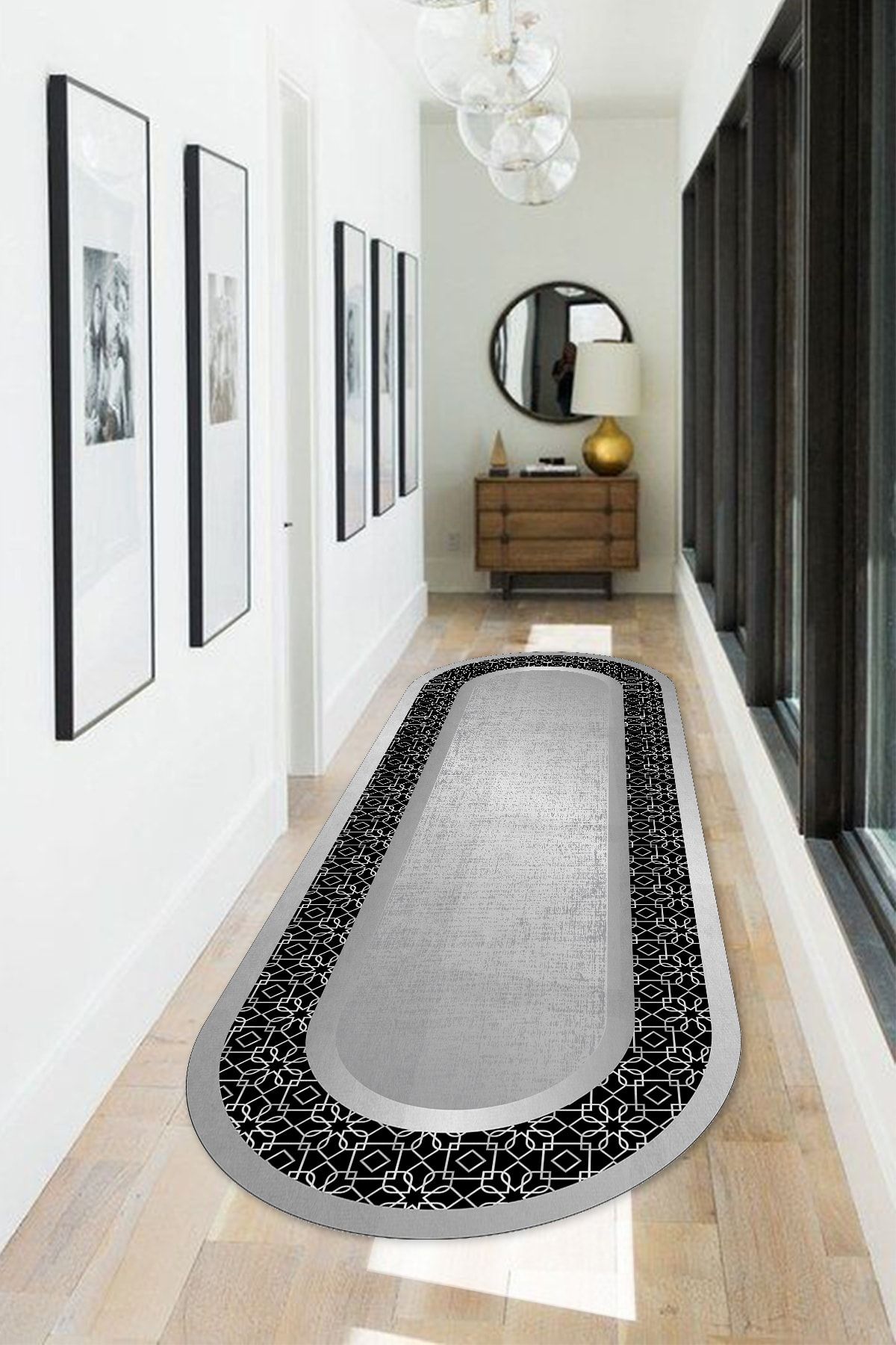 PRİME HOME Kenarları Siyah Desenli Modern Oval Halı