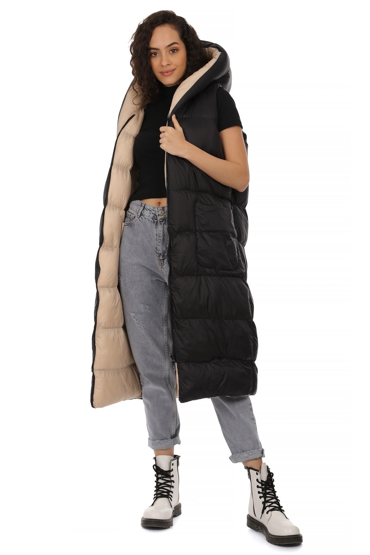 MD trend Kadın Taş Çift Taraflı Kapüşonlu Uzun Oversize Şişme Yelek