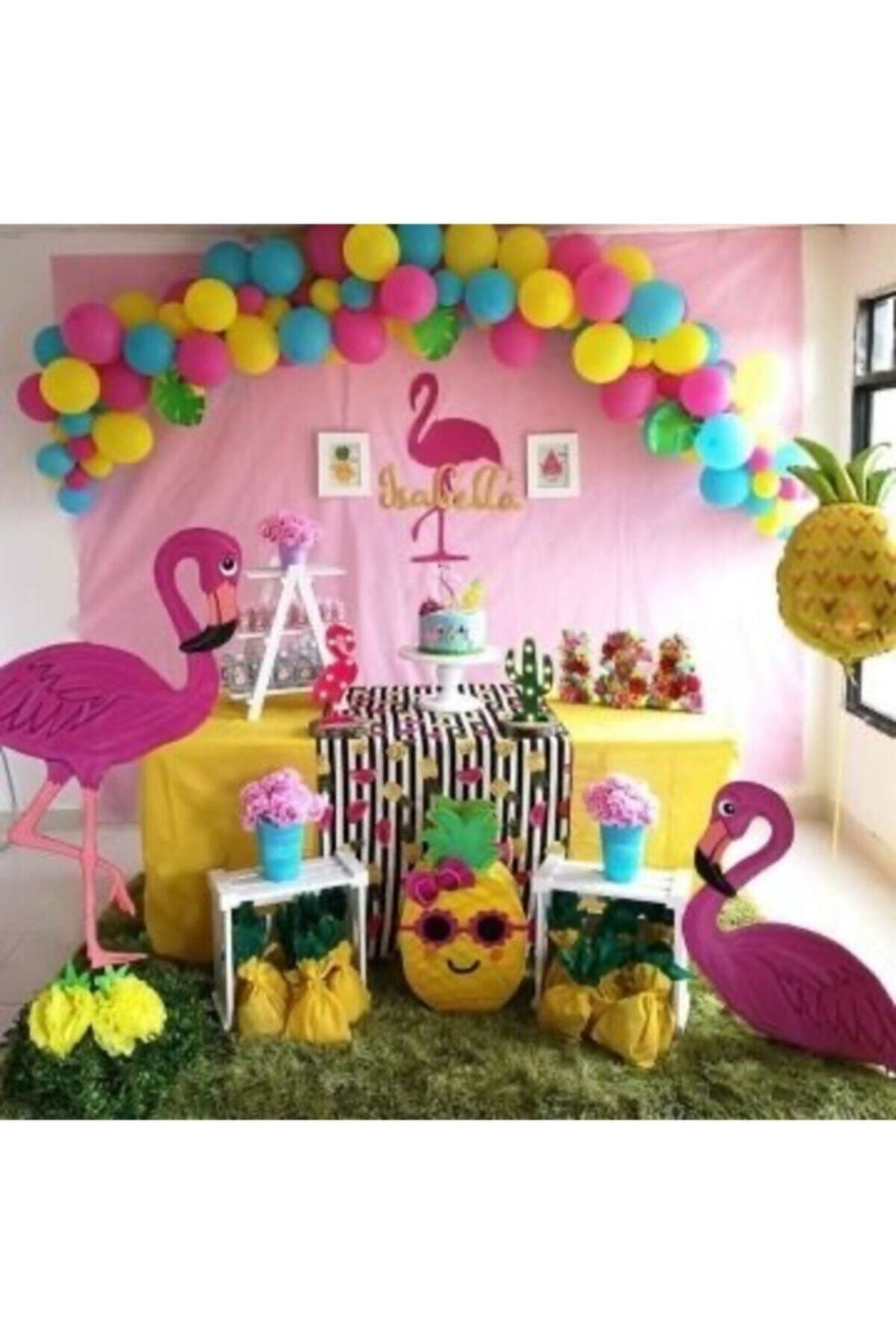 selens party Flamingo Konsept 100 Adet Fuşya-sarı-mavi Renk Metalik Balon Ve Balon Zinciri Parti Konsept