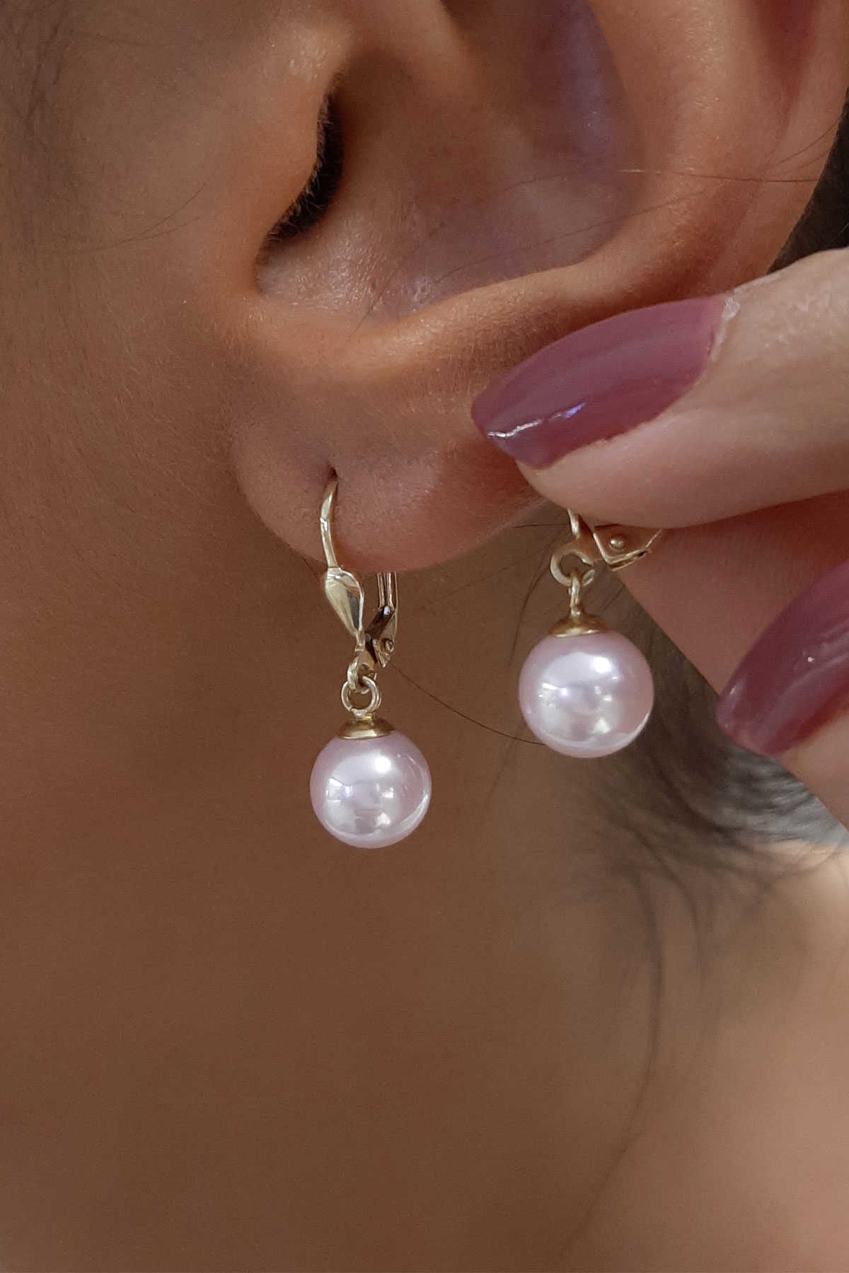 Fiyonk Kuyumculuk 14 Ayar Altın Pembe İnci Sallantılı Küpe