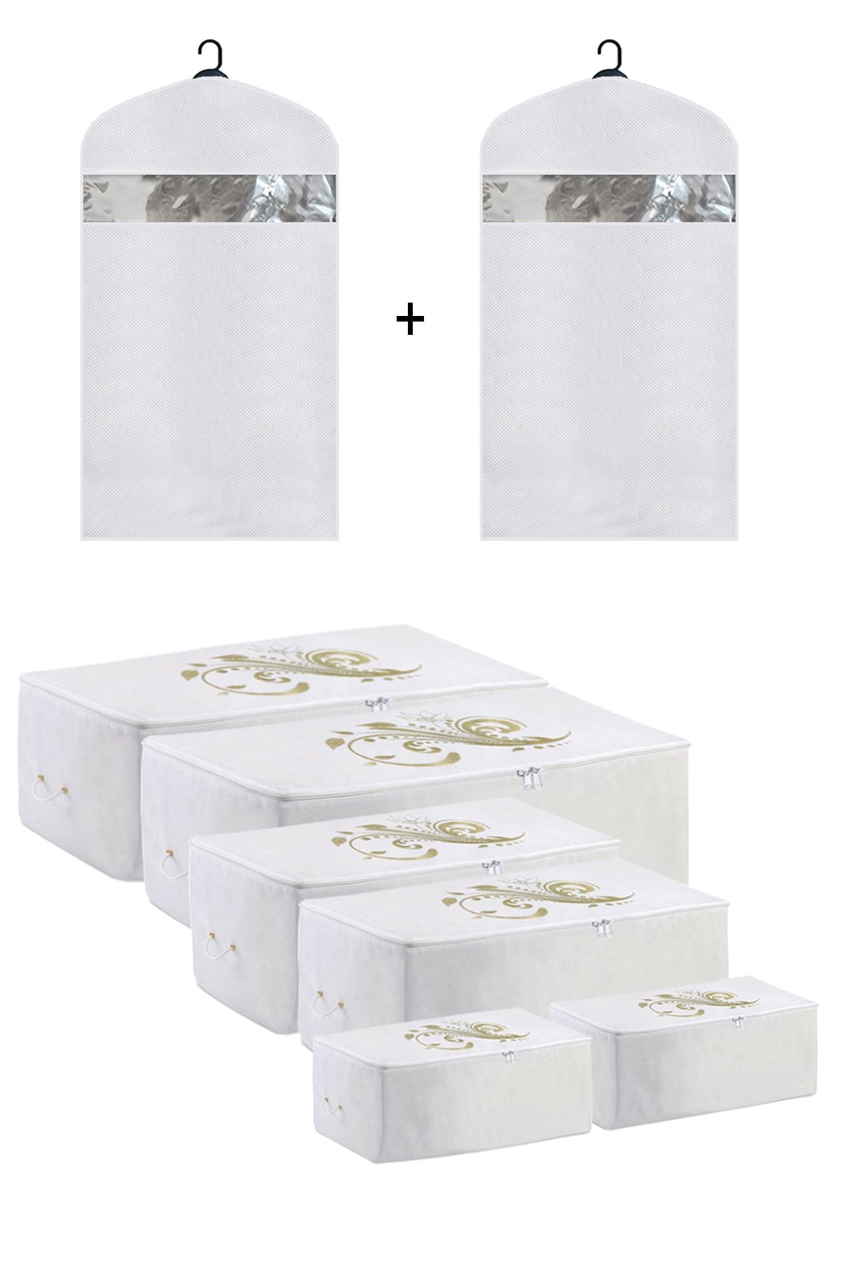 umbellatum Hurç Organizer Saklama Çantası 2 Mega 2 Büyük 2 Küçük Boy Ve Elbise Kılıfı Beyaz Renk 8'li Set