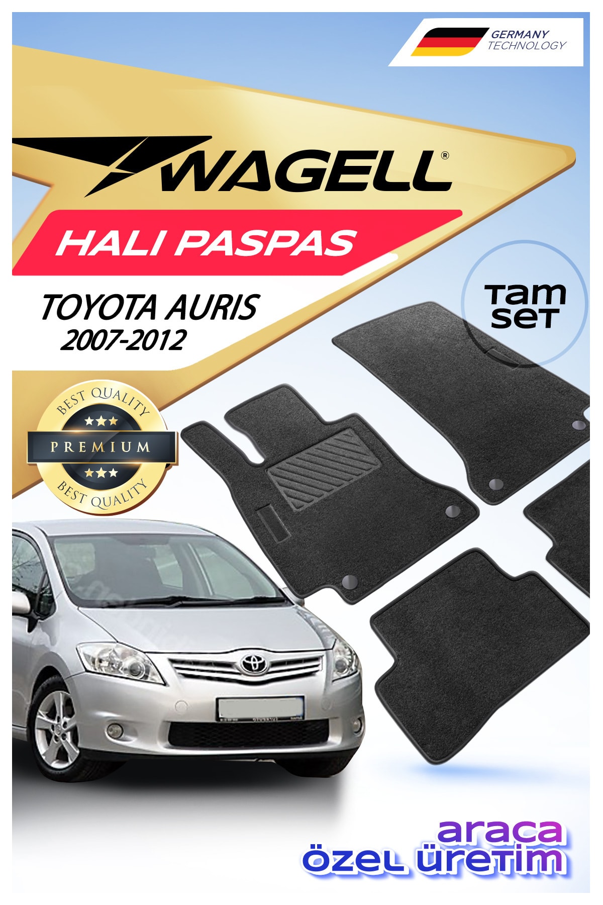 wagell Toyota Auris 2007-2012 Premium Oto Halı Paspas Seti - Siyah