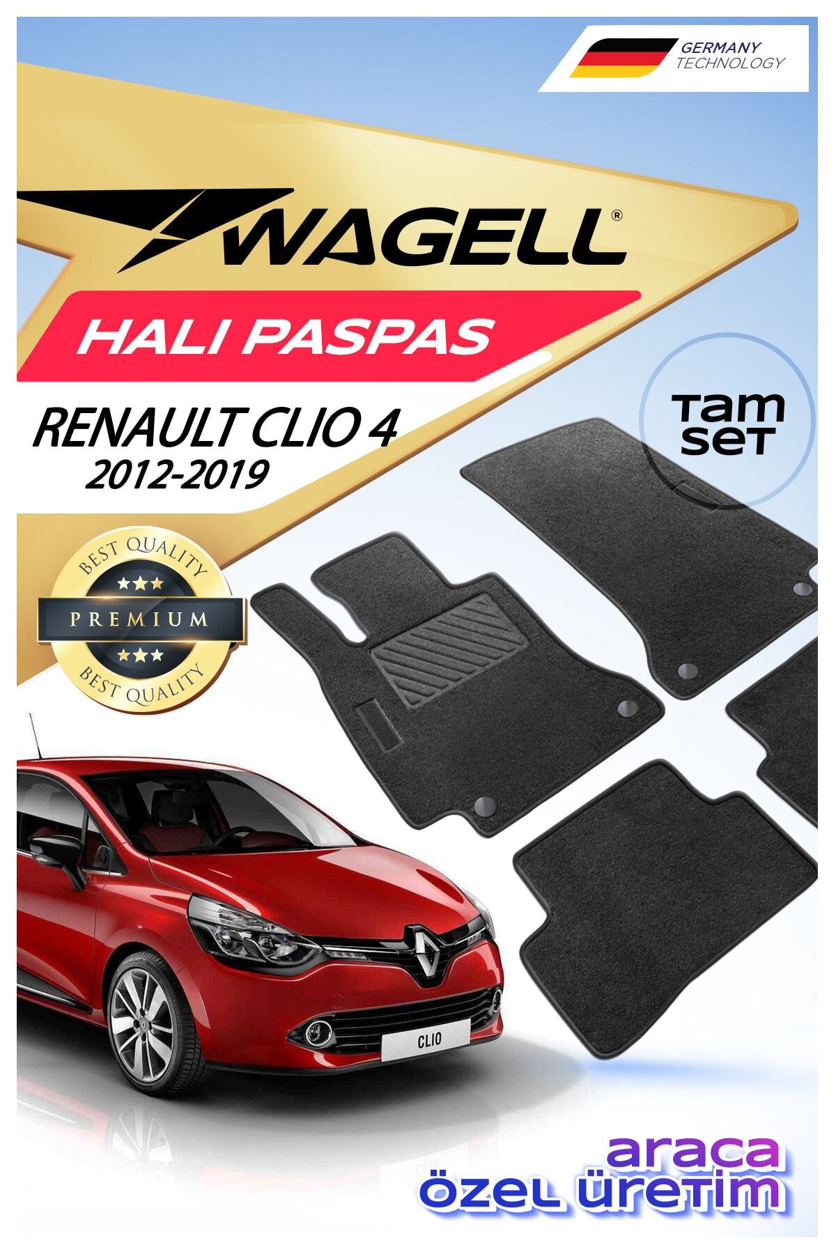 wagell Renault Clio 4 2012-2019 Premium Oto Halı Paspas Seti - Siyah