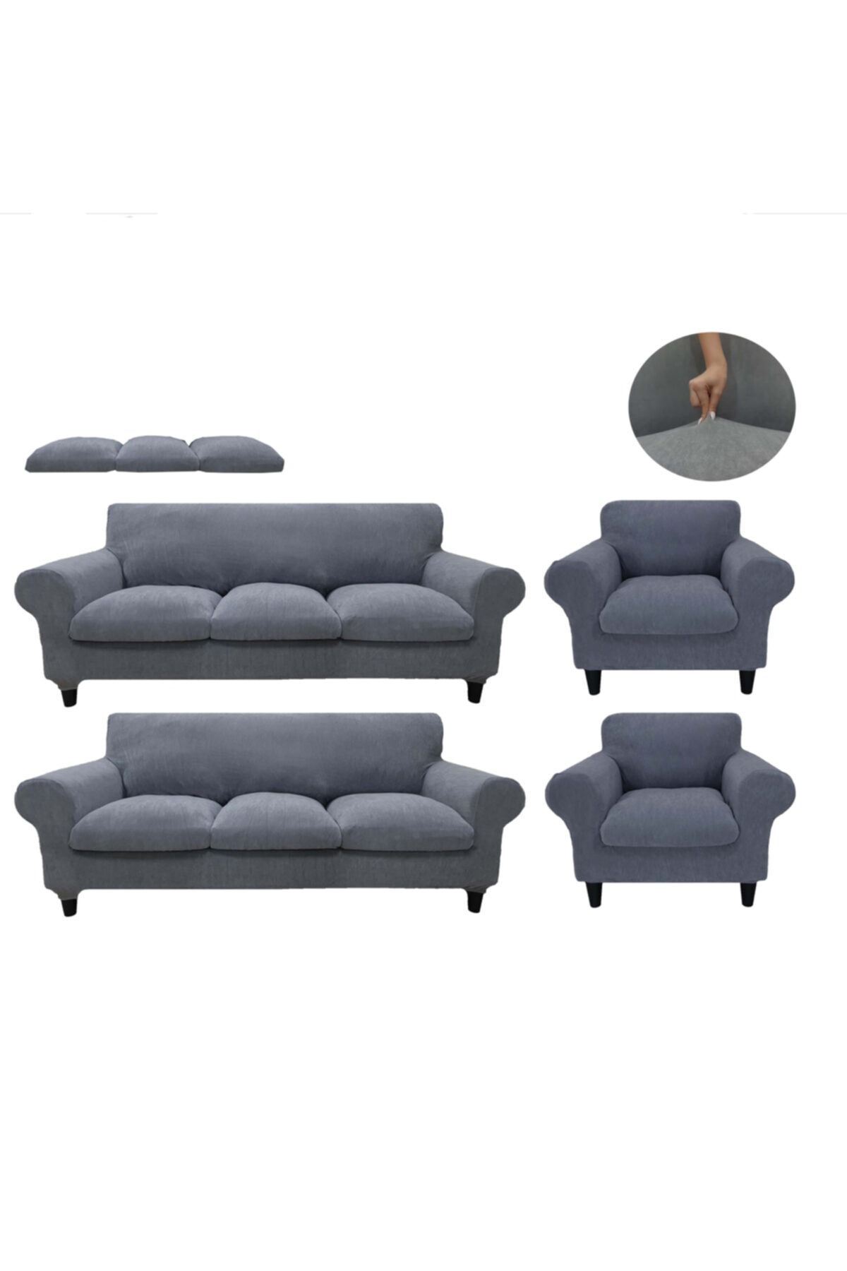 Cdr Home Kadife Kumaş Minderli Koltuk Kılıfı Takımı ( 3+3+1+1 Set ) Gri Renk
