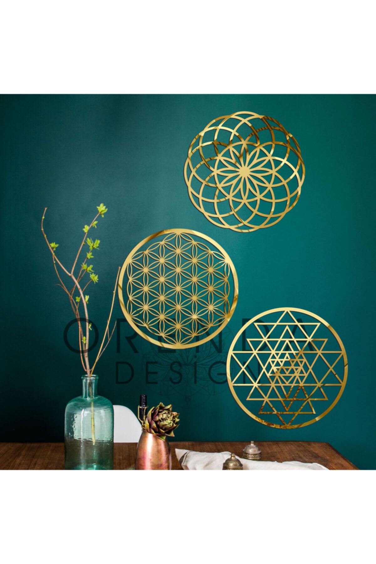 OrendaDesign Kutsal Geometri 3'lü Set Yaşam Çiçeği-torus-sriyantra Gold Duvar Panosu