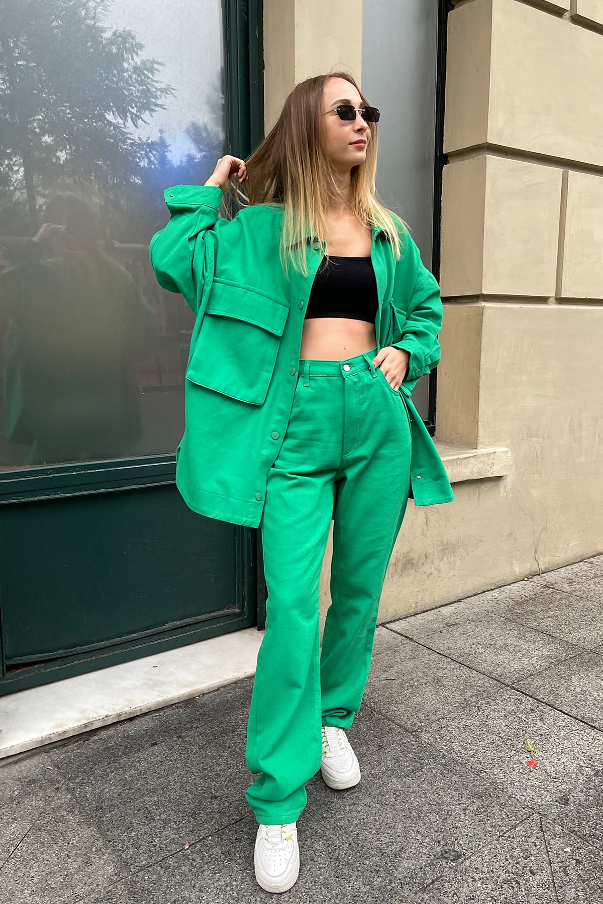 SHELOVEIT Zümrüt Yeşili Oversize Denim Takım