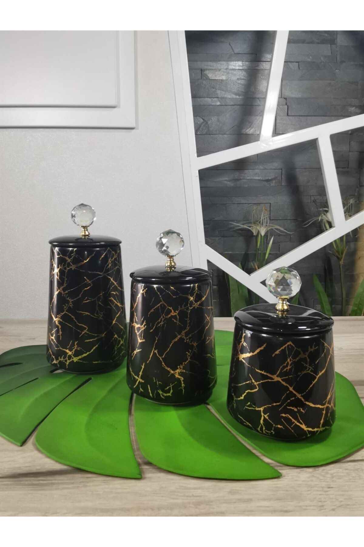 kitchen sense 3lü Lüks Mermer Desen Çay Şeker Tuz Kavanozu Siyah