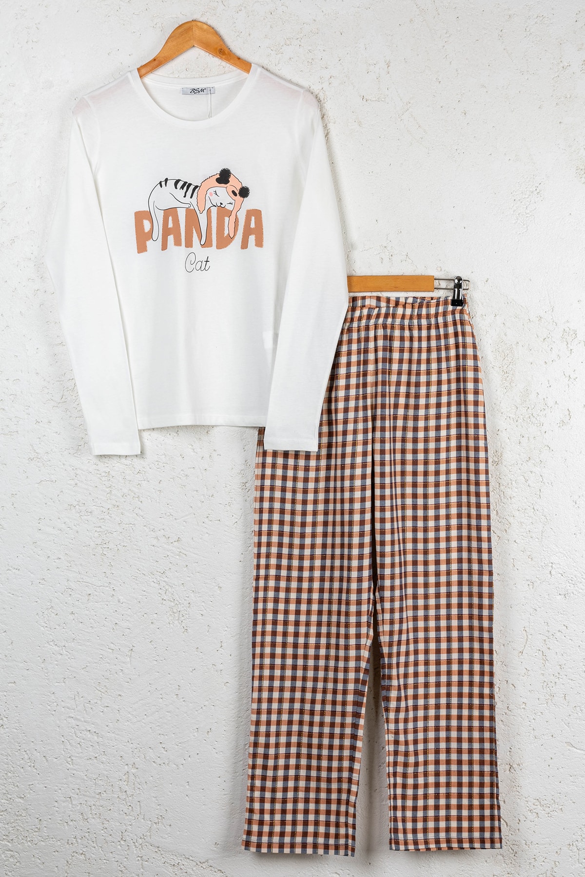 BSM Kadın Krem %100 Pamuk Yüksek Kalite Uzun Kollu Pijama Takımı