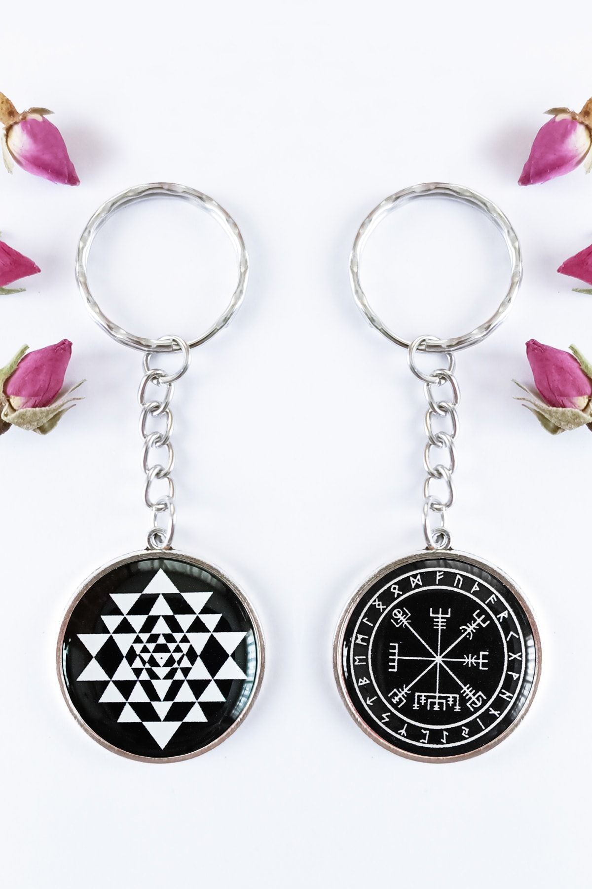 Sihirli Titreşimler Sri Yantra Ve Vegvisir Rune Çift Taraflı Anahtarlık Şans Bolluk Bereket, Koruma, Yön Belirleme