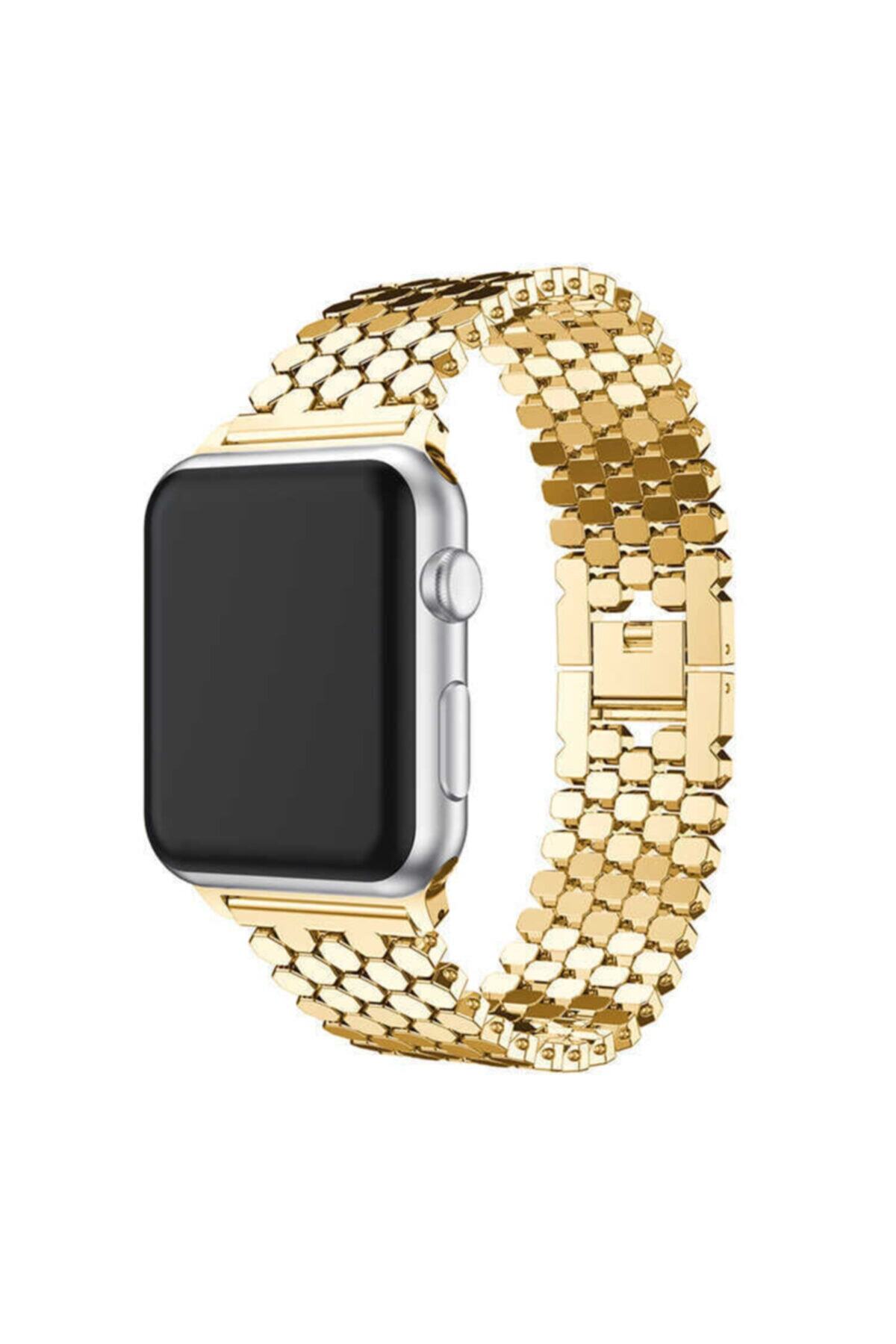 Apple Watch Series 7 42 44 45 Mm Metal Petek Tasarım Kordon Gold Ve Socket