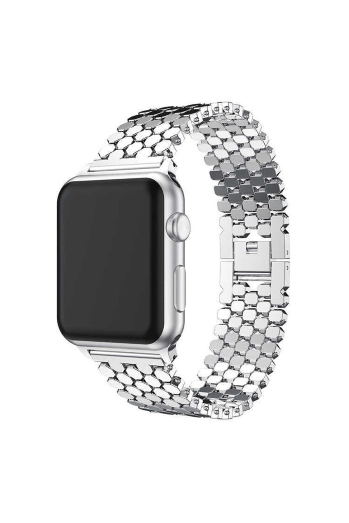 Apple Watch Series 7 42 44 45 Mm Metal Petek Tasarım Kordon Gümüş Ve Socket