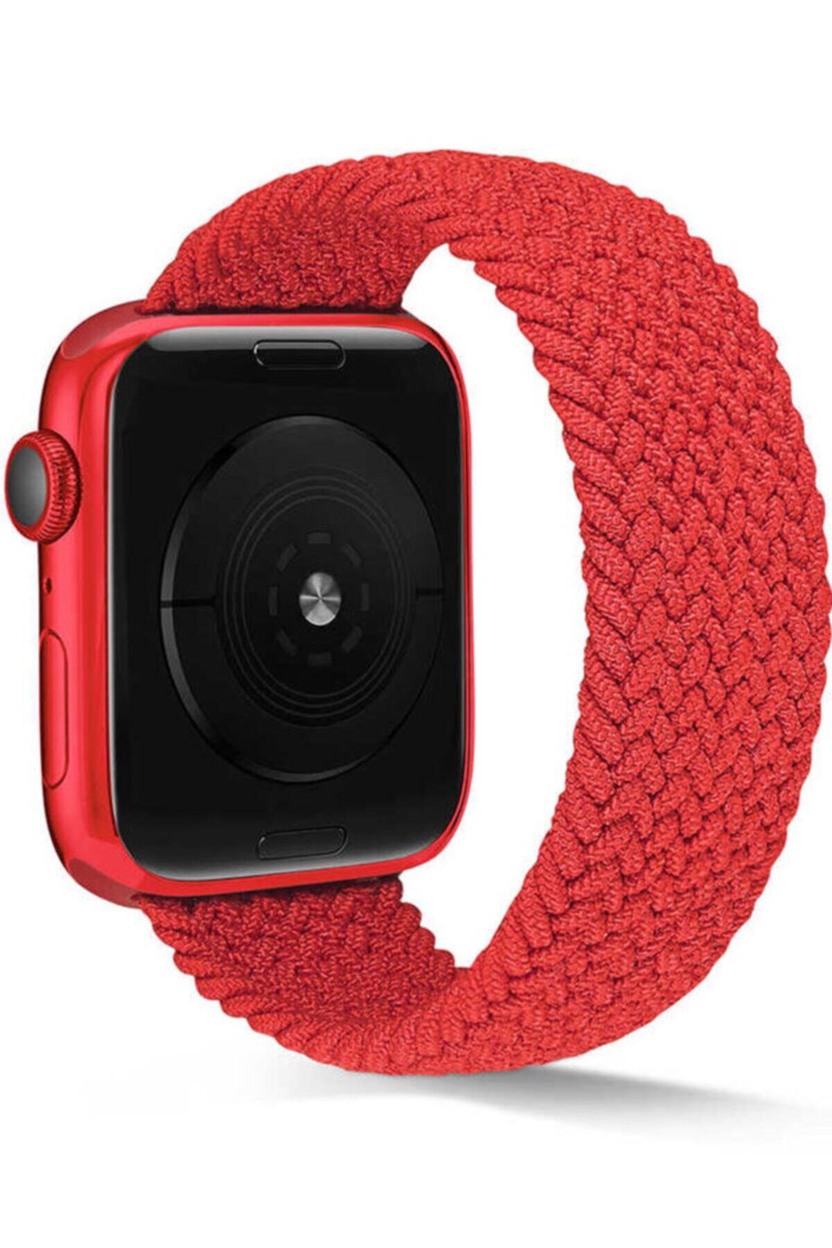 Apple Watch Series 7 42 44 45 Mm Medium Beden Hasır Örgülü Kordon Kırmızı Ve Socket