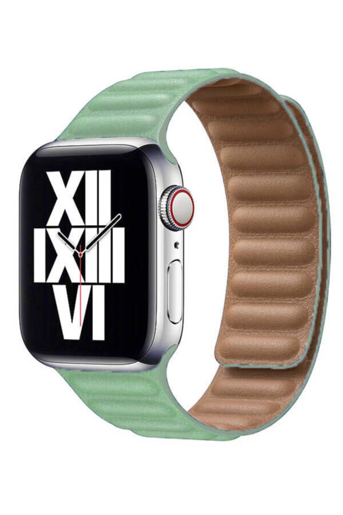 Apple Watch Series 7 42 44 45 Mm Suni Deri Mıknatıslı Kordon Açık Yeşil Ve Socket