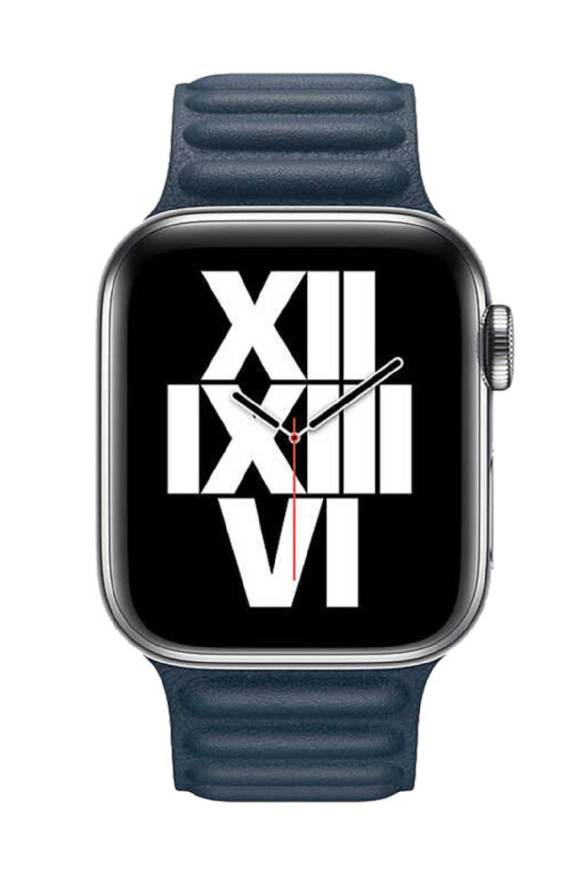 Apple Watch Series 7 42 44 45 Mm Suni Deri Mıknatıslı Kordon Lacivert Ve Socket