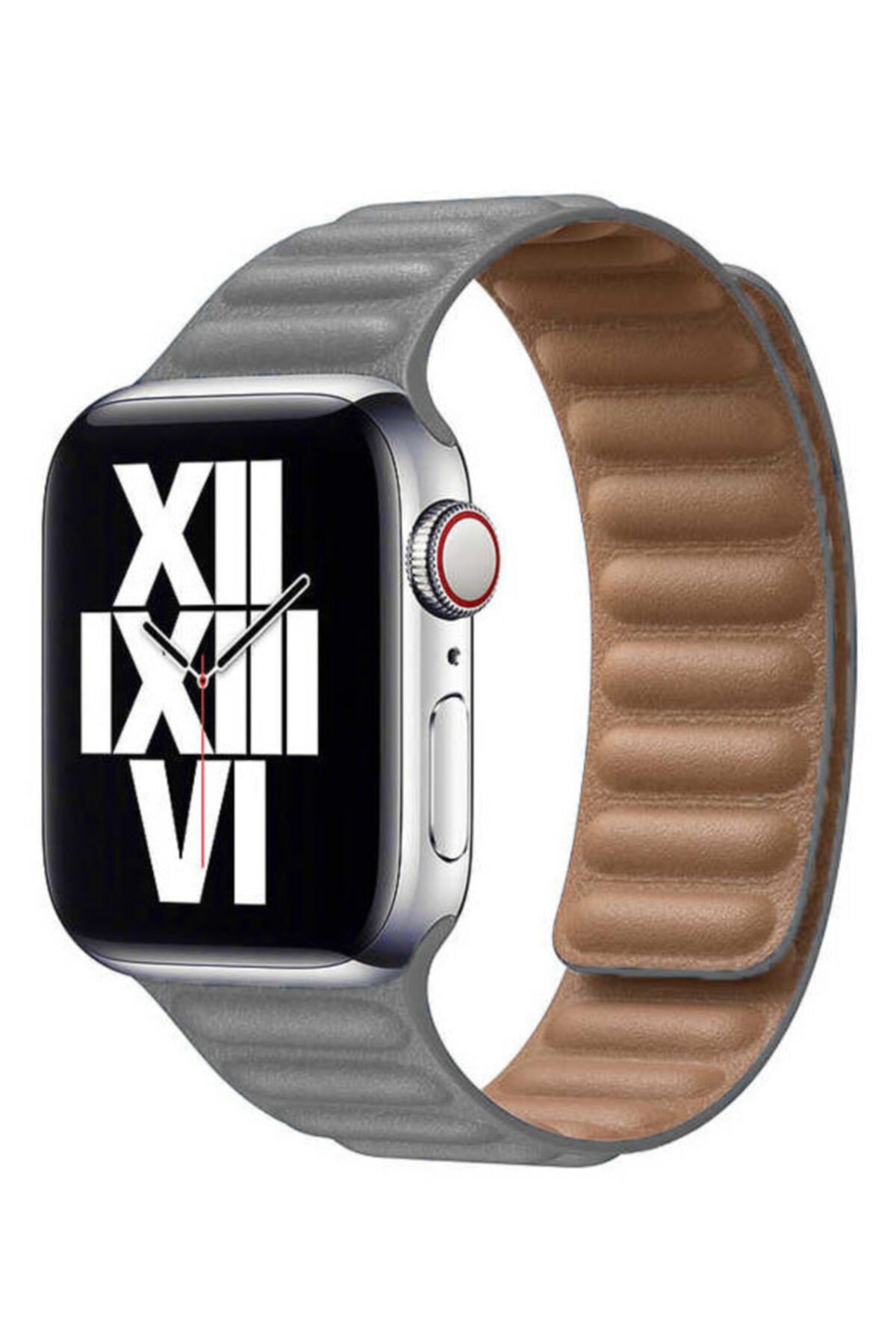 Apple Watch Series 7 42 44 45 Mm Suni Deri Mıknatıslı Kordon Gri Ve Socket