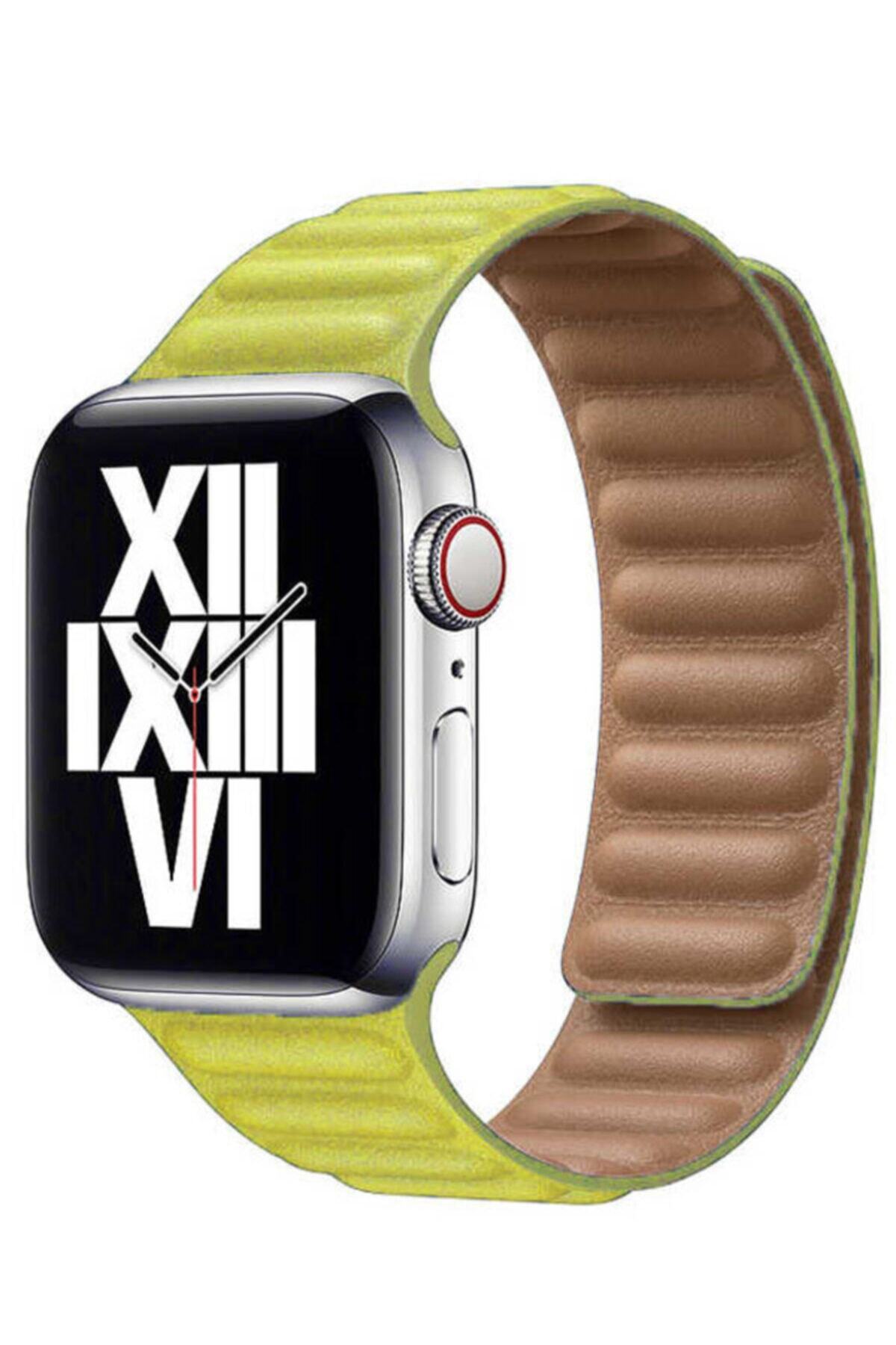 Apple Watch Series 7 38 40 41 Mm Suni Deri Mıknatıslı Kordon Kayış Sarı Ve Socket