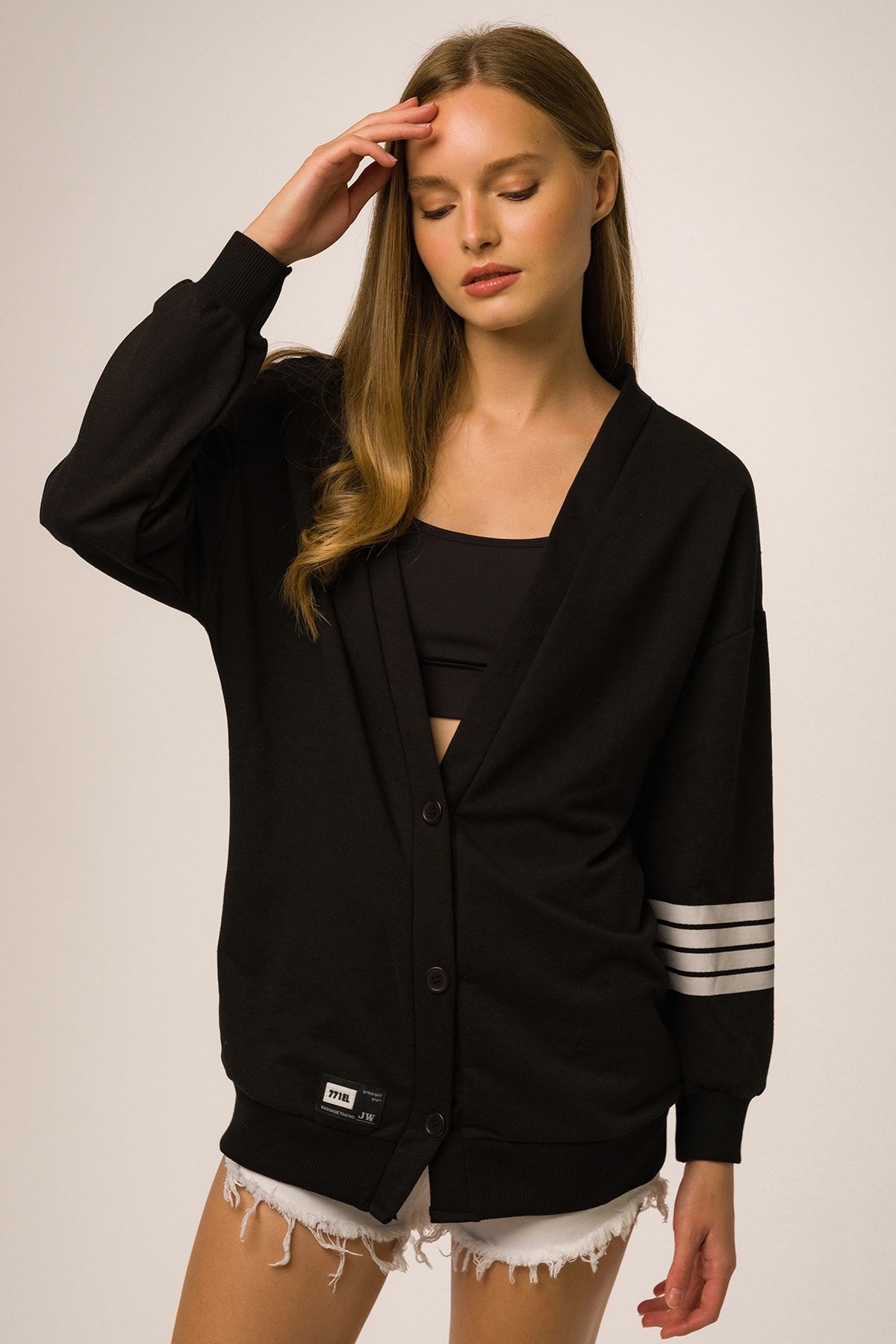 Runever Kol Şeritli Düğmeli Kadın Sweatshirt 9683