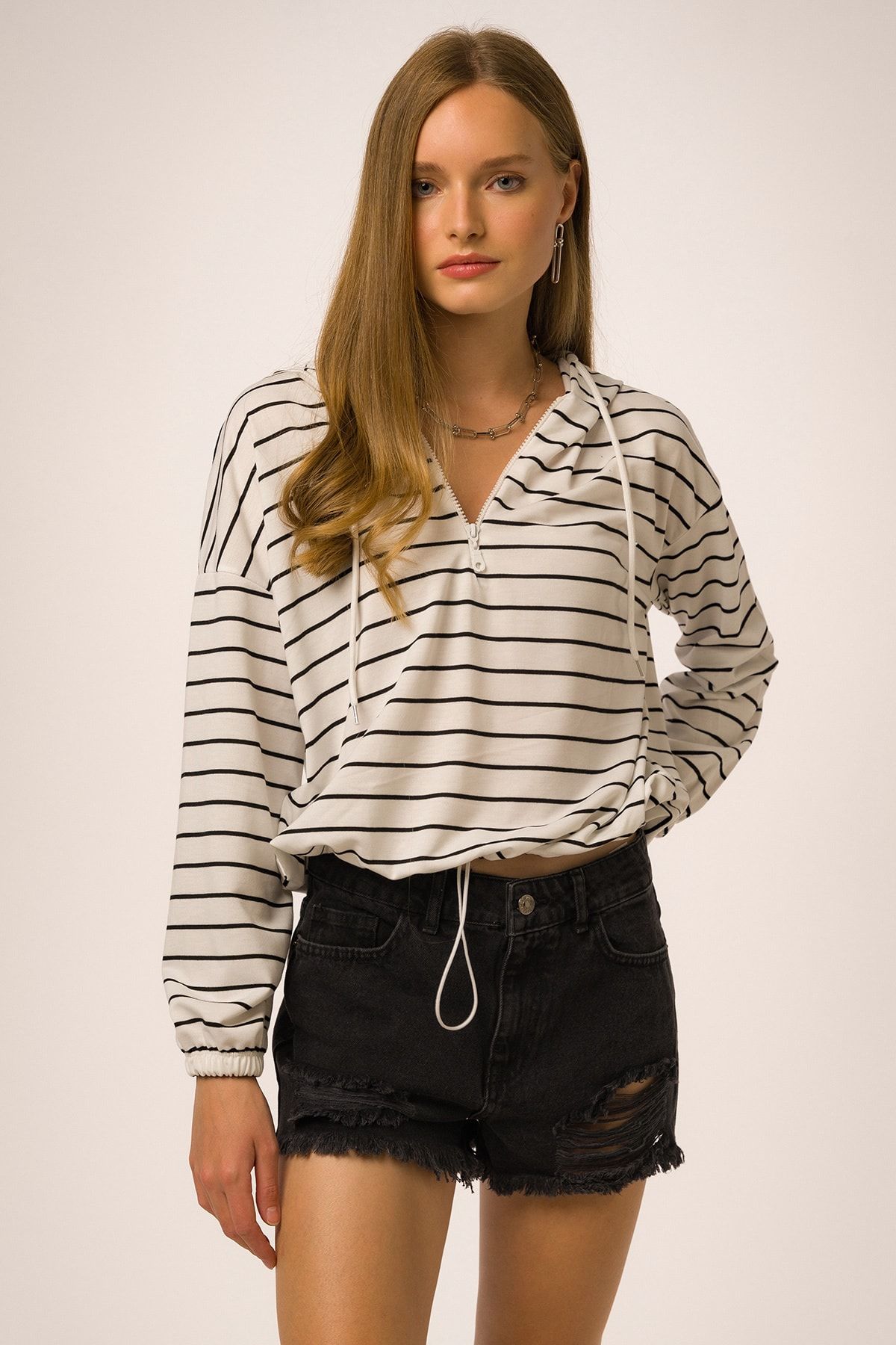 Runever Fermuarlı Çizgili Kadın Sweatshirt 9671