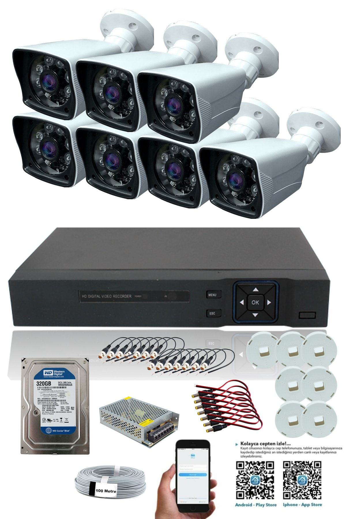 SUNVEO 7 Kameralı 5mp Lensli 1080p Fullhd Kamera Seti - Gece Görüşlü - Su Geçirmez - Cepten Izlemeli