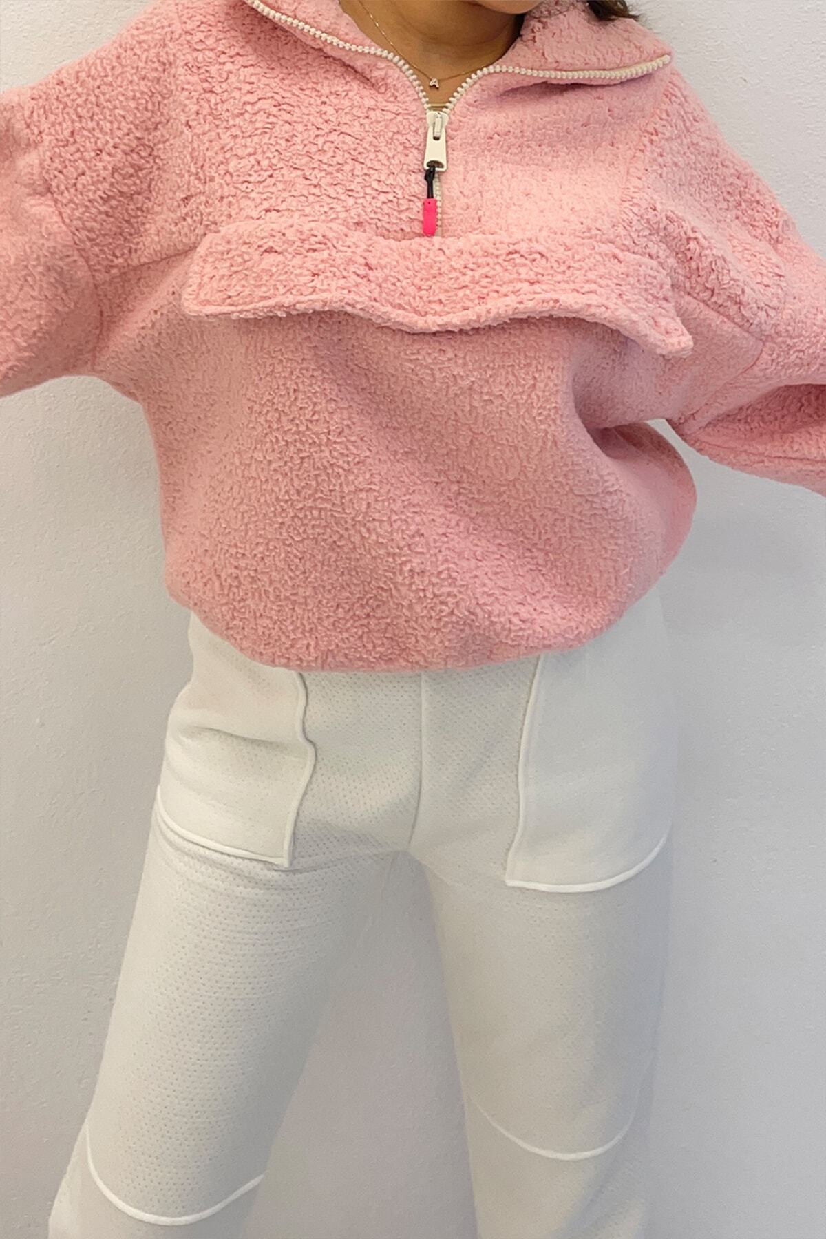 lal butik Sahte Cepli Yarım Fermuarlı Pembe Polar