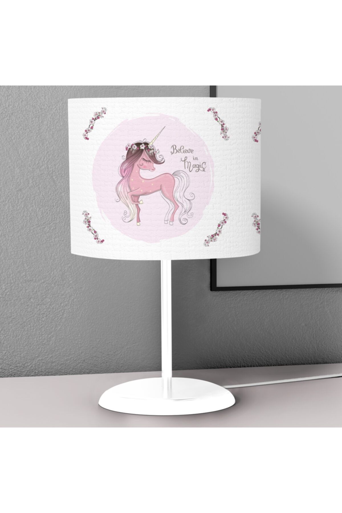Tinybabyconcept Pembe Sihirli Unicorn Desenli Çocuk Odası Dijital Baskılı Çocuk Odası Masaüstü Abajur Avize
