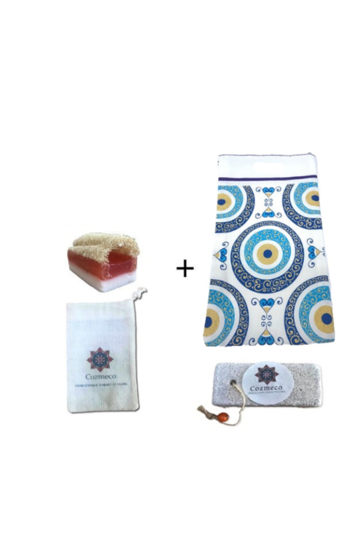 COZMECO 100%doğal Peeling Seti(elyapımı Lifli Eşek Sütü Çilek Sabunu125gr+nazar Çini Baskılı Hamam Kesesi)