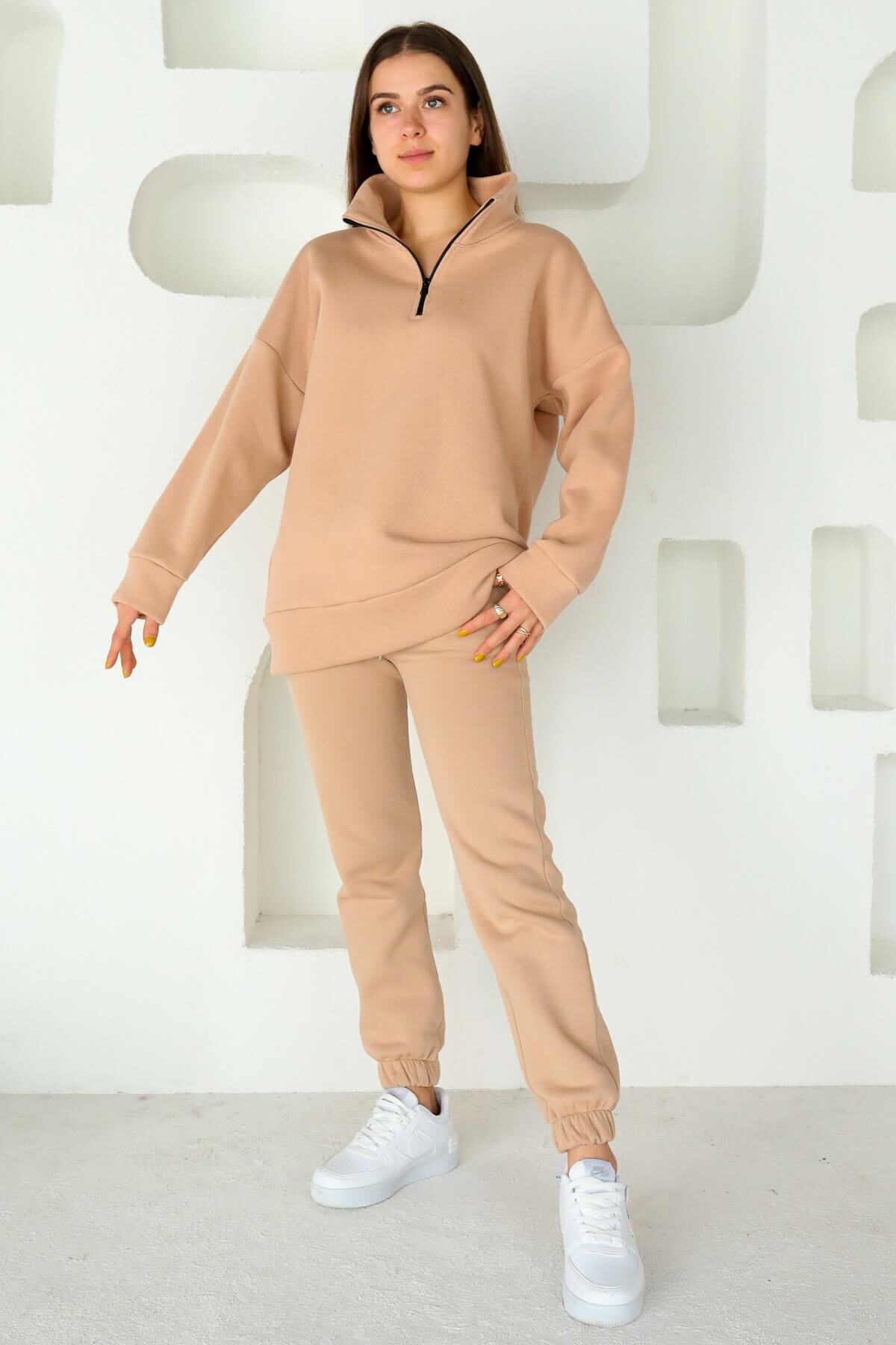 Cappmoda Tkm-03223 Vizon Dik Yaka Fermuar Detaylı Sweat Eşofman Ikili Takım