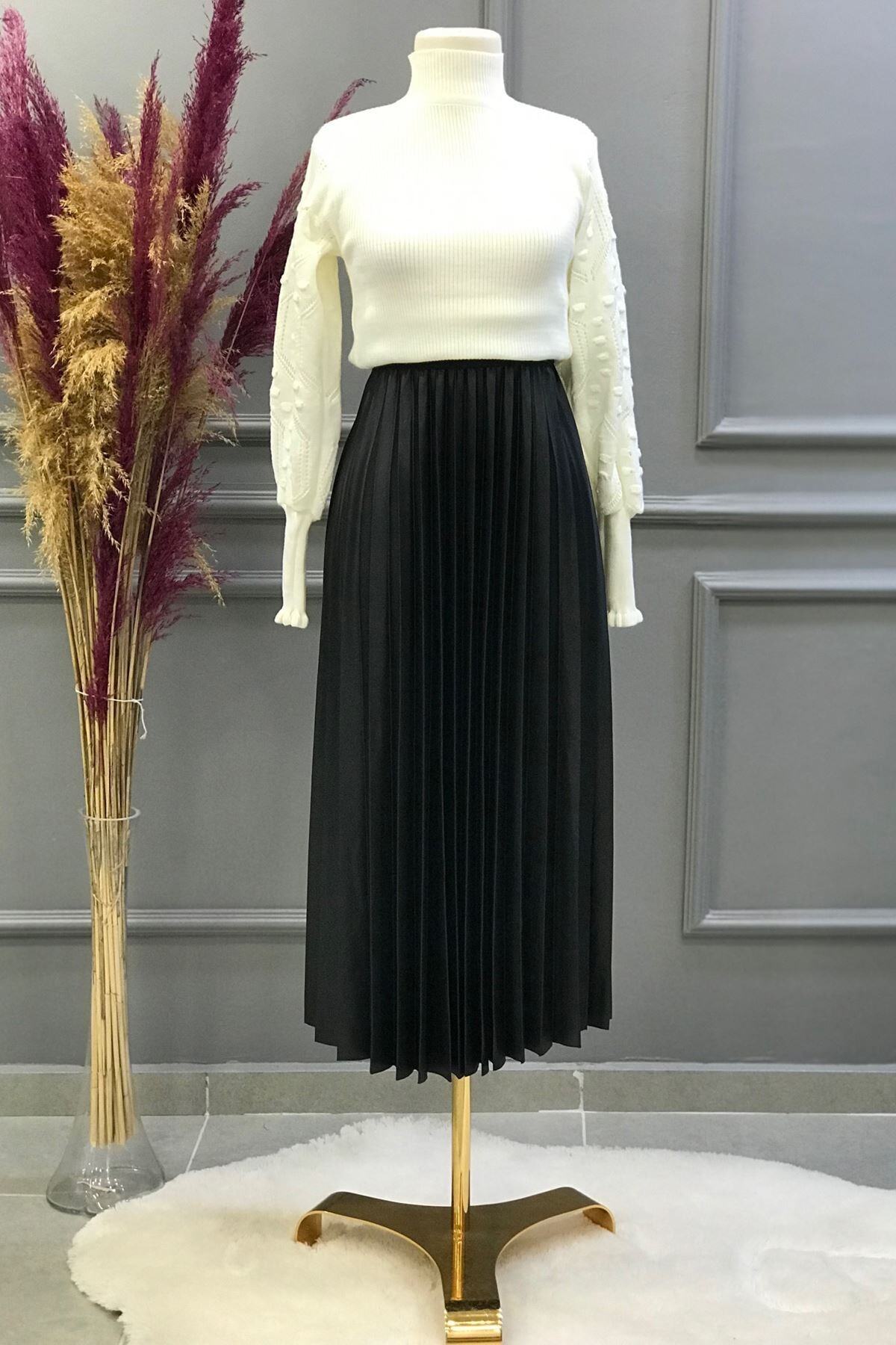 Ebrar Store Piliseli Deri Etek-sa2375-siyah