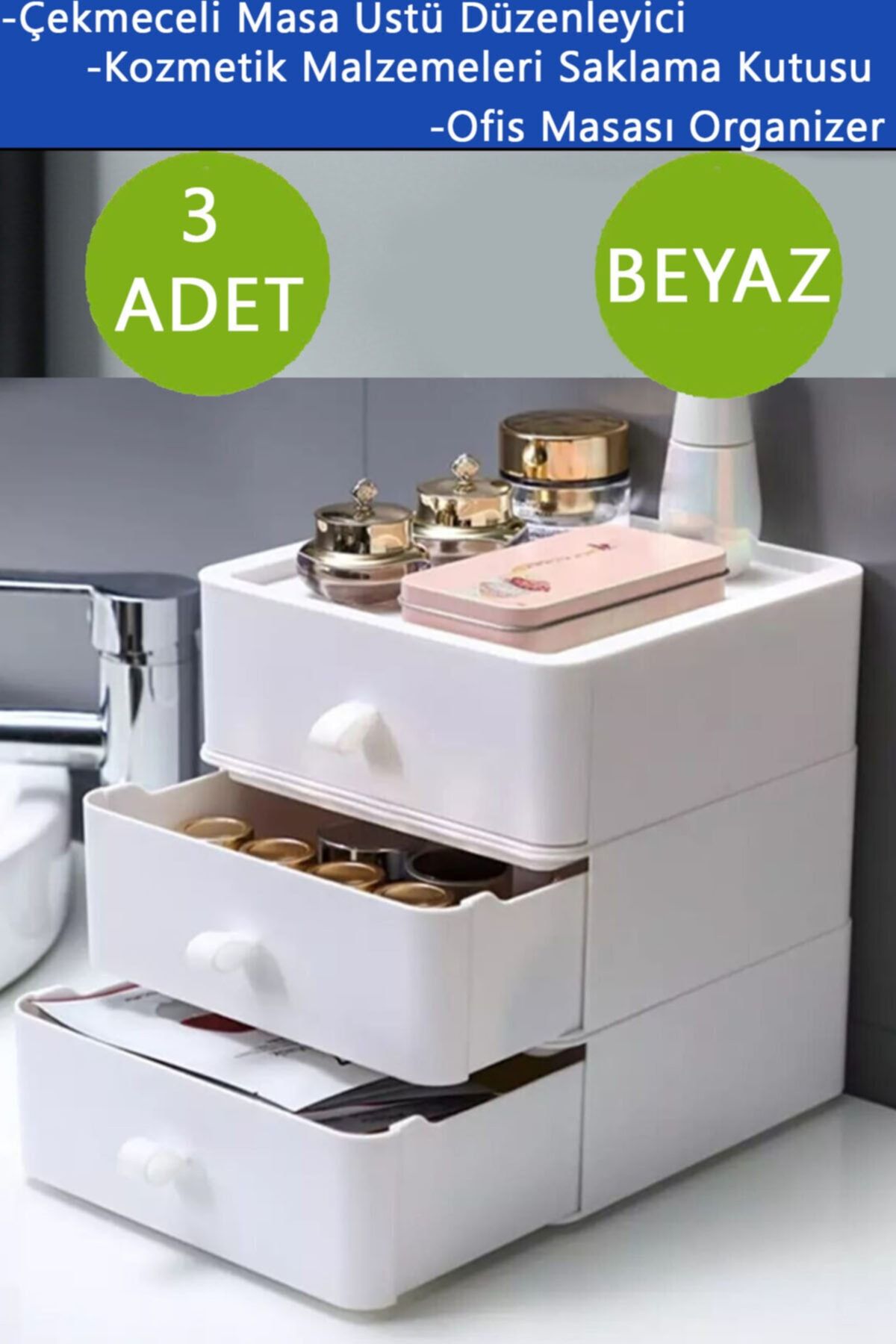 NRGS 3 Adet - Çekmeceli Ofis Aksesuarı Saklama Kutusu Makyaj Organizer Beyaz