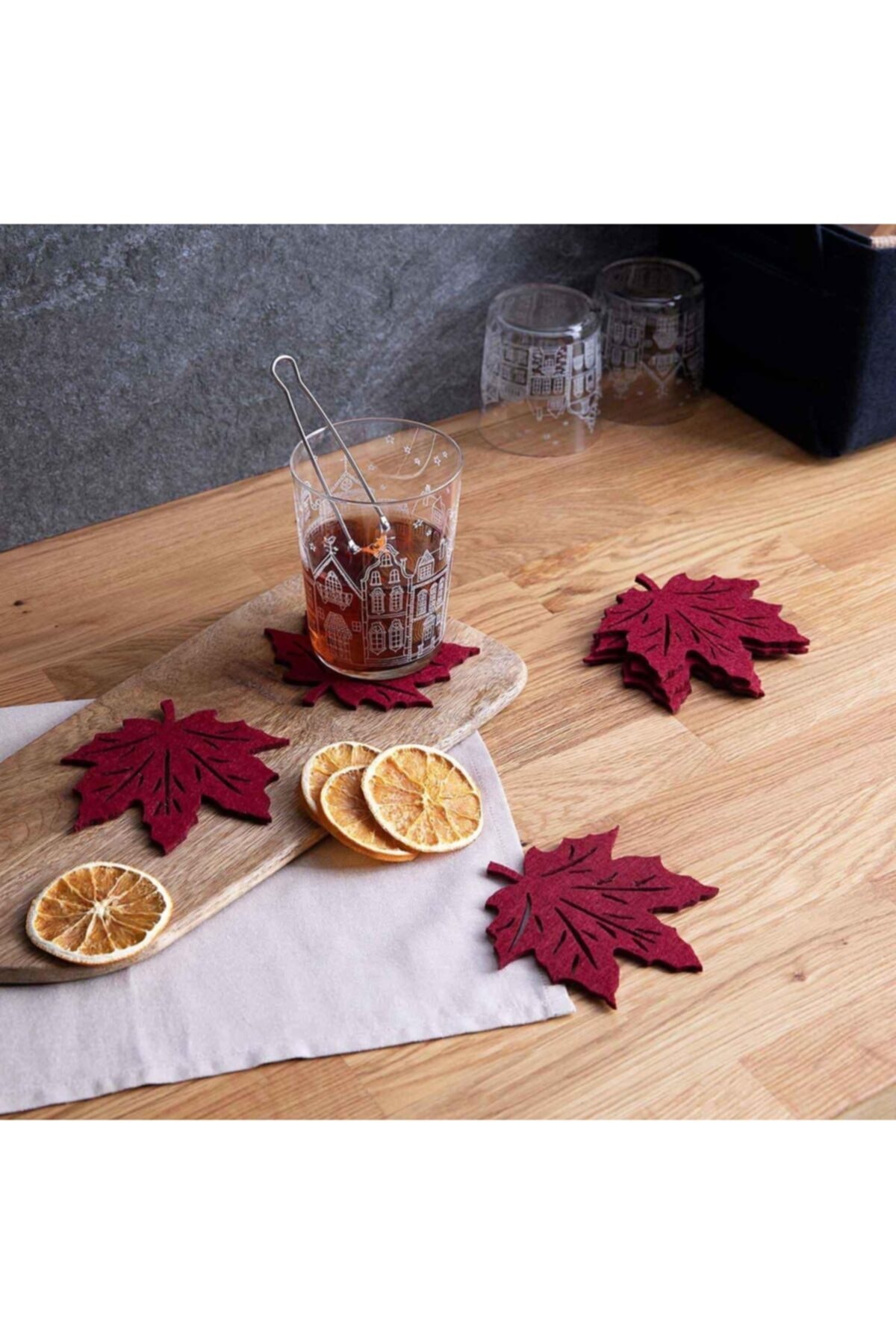 SanaHediyemVar Bordo Yaprak Bardak Altlığı