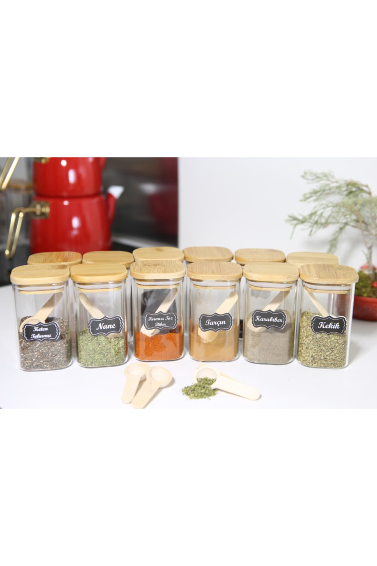 FBZhome Bambu Kare Kapaklı 300 Ml 12 Adet Cam Kavanoz Ve 12 Adet Baharat Kaşığı (65 Adet Etiket)