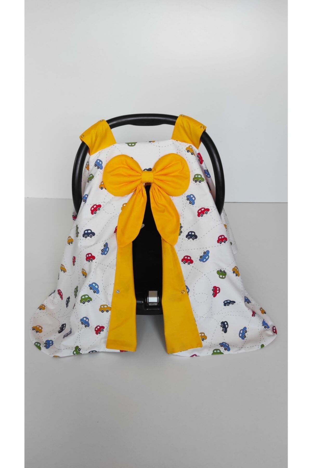 Baby Swim Up %100 Pamuk Araba Desenli Sarı Kurdeleli Bebek Puset Örtüsü