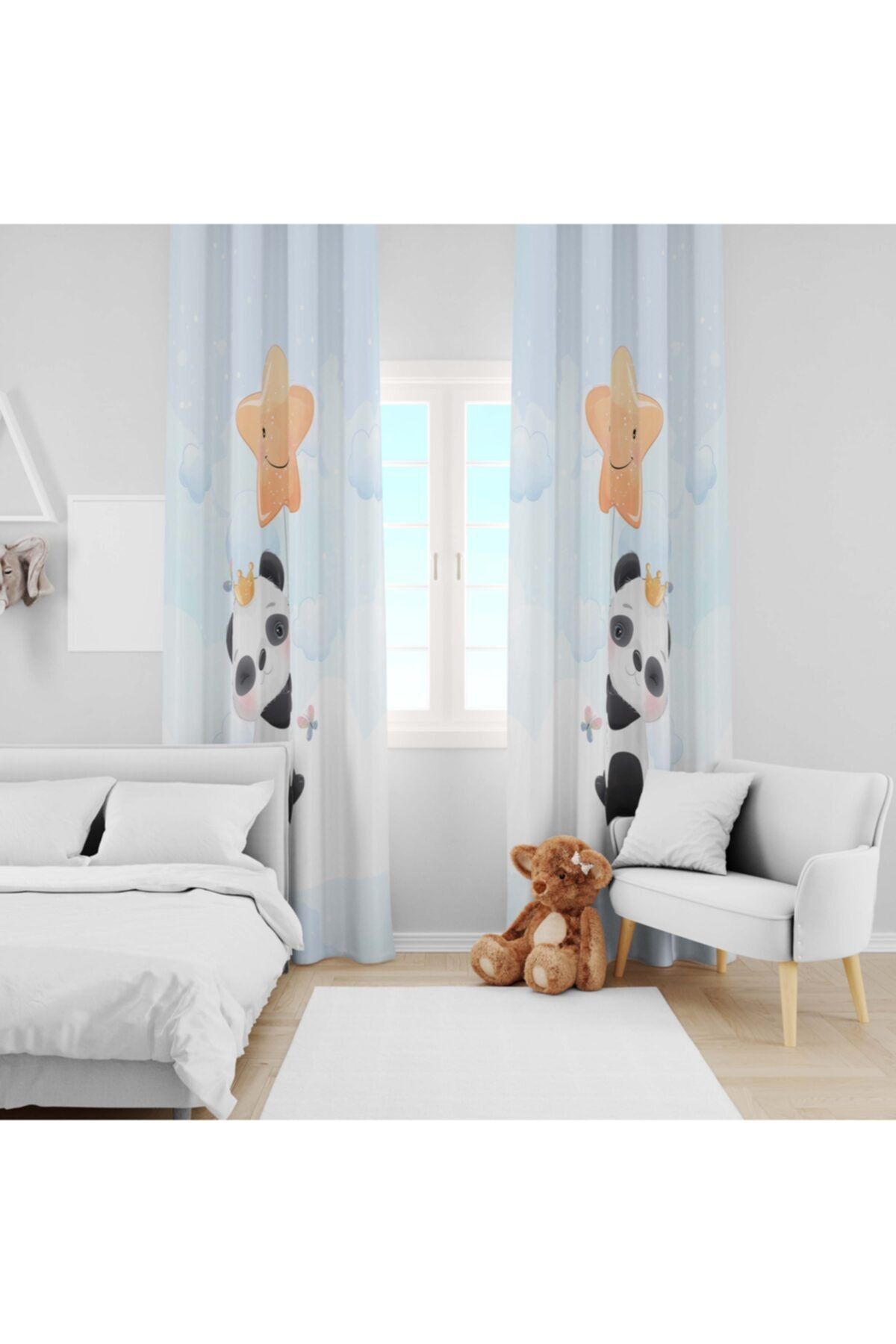Ziu Kids Süet Dokulu Uçan Yıldızlı Panda Desenli Bebek&çocuk Odası Dekoratif Fon Perde