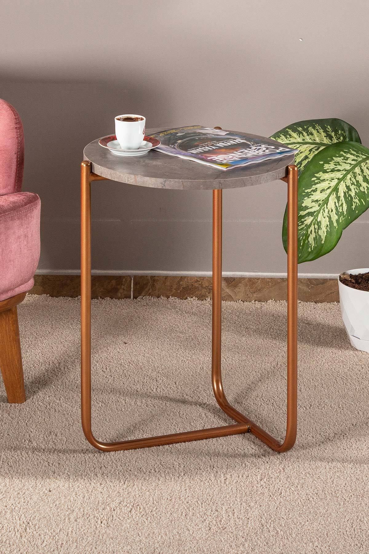 tino furniture Loren Rose Gold Metal Yuvarlak Yan Sehpa Antrasit Mermer