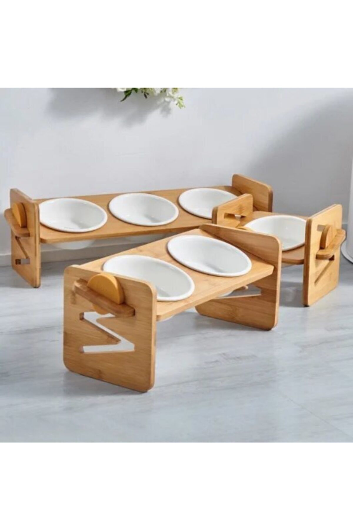 BUSHOP Kedi - Köpek Mama & Su Kapları - Gerçek Ahşap - Kaydırmaz-yükseklik Ayarlı-üç Kaseli -ela