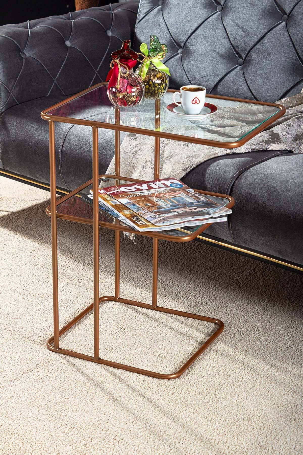 tino furniture Arturo Rose Gold Yan Sehpa Metal Cam Raflı Komodin