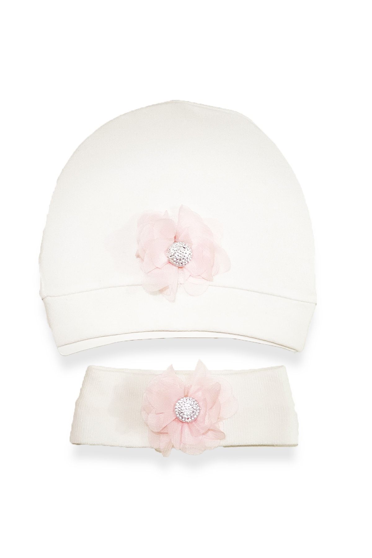 MS SHOP Kız Bebek %100 Pamuk Taşlı Pembe Çiçekli Model Bere Ve Bandana Seti