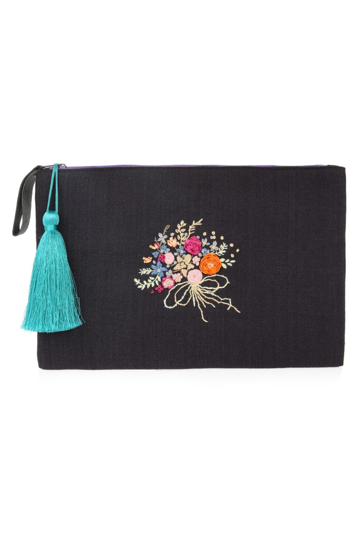 çınar kadın kooperatifi Kadın Siyah El Emeği Çiçek İşlemeli Portföy Clutch El Çantası