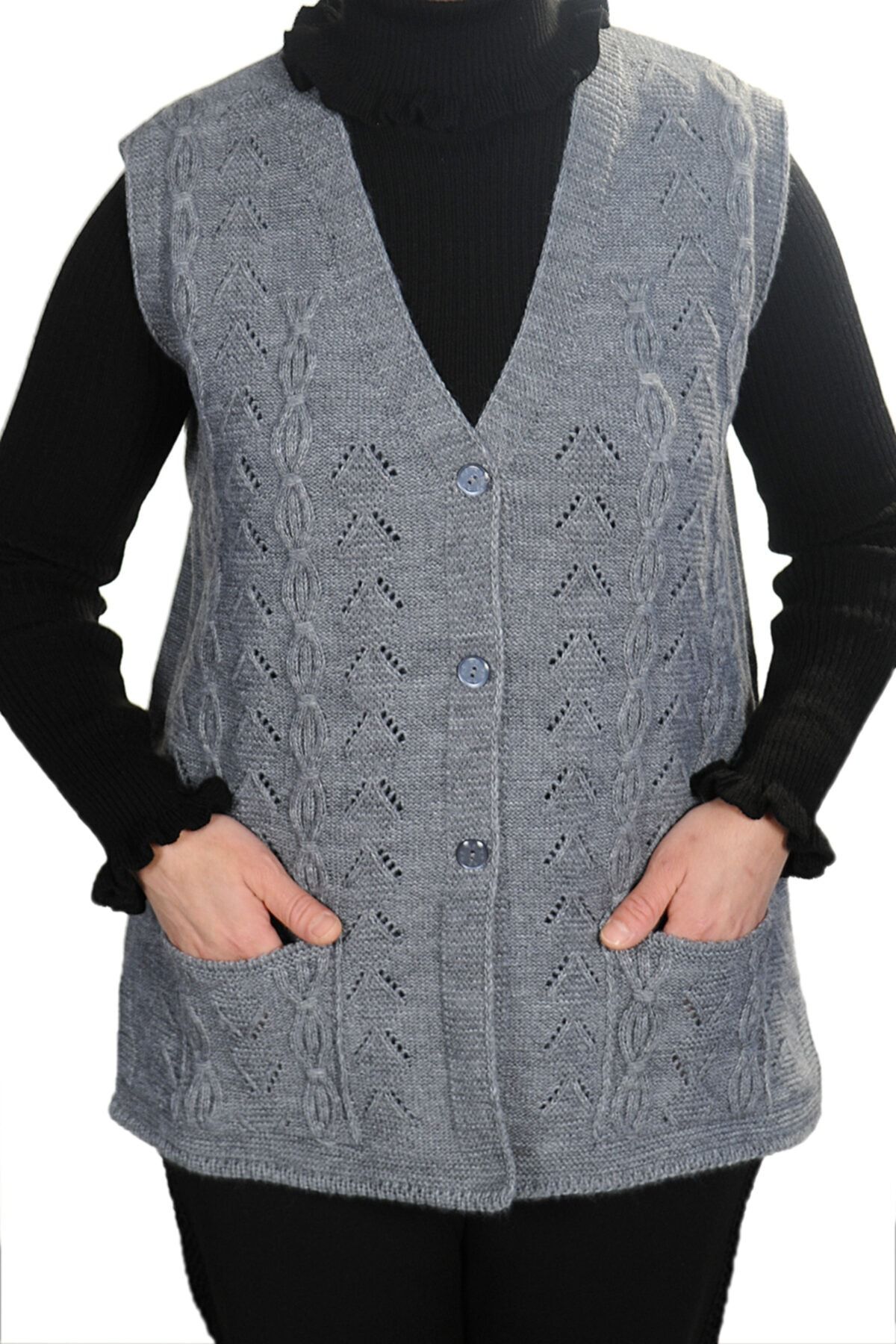 Fresh&Moda Kadın Gri V Yaka Zincir Örgü Yün Triko Anne Yelek