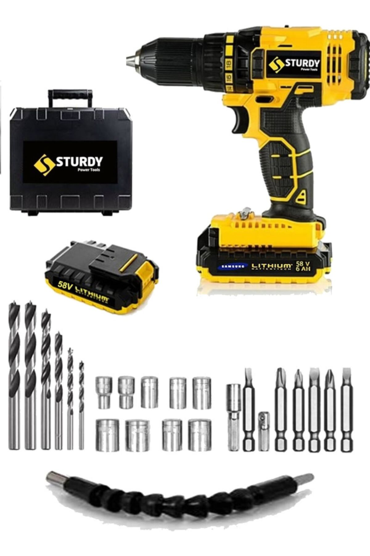Sturdy Japon Technology 58v8ah Tance Seri Darbeli Metal Şanzuman Şarjlı Çift Akülü Matkap 27prç Uç Setli
