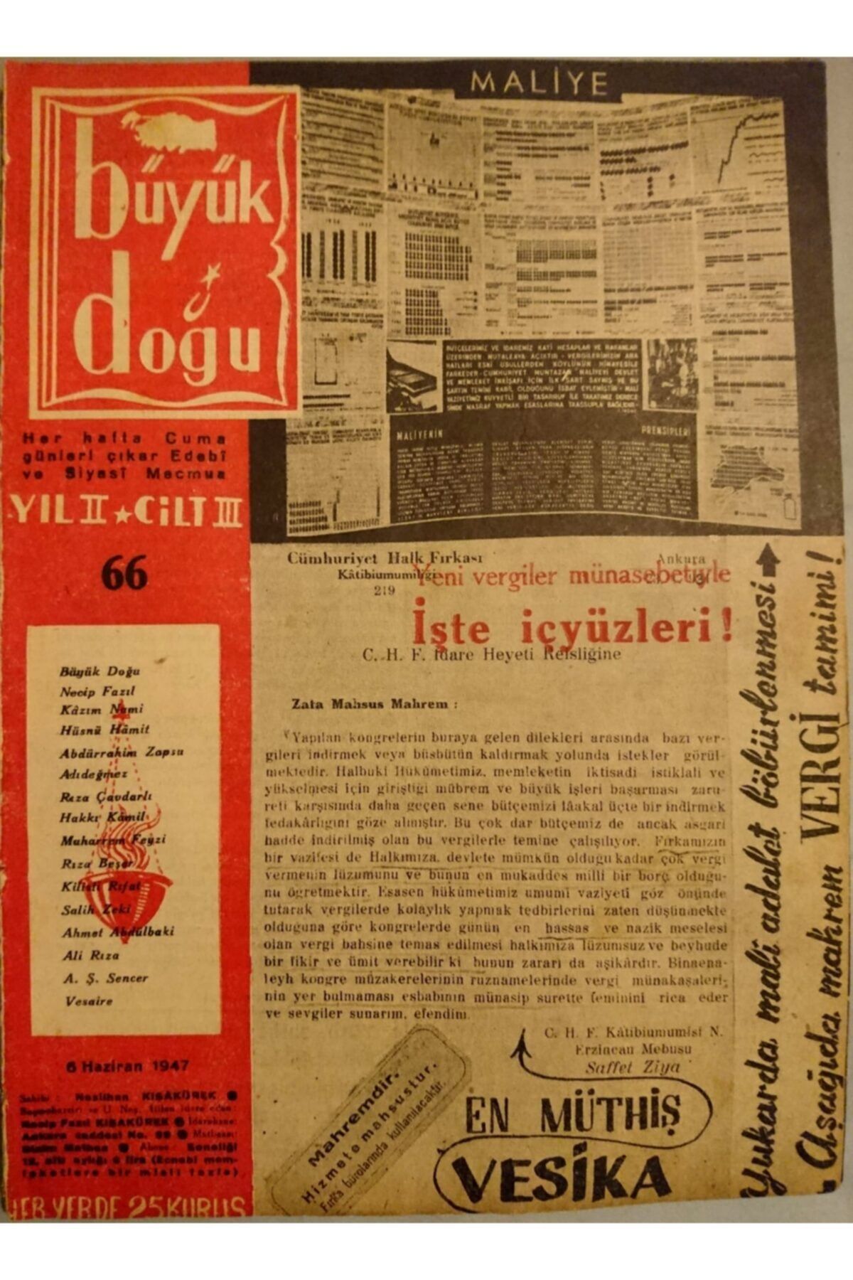 Büyük Doğu Yayınları Büyük Doğu - Haftalık Dergi (no 66, Yıl 1947)