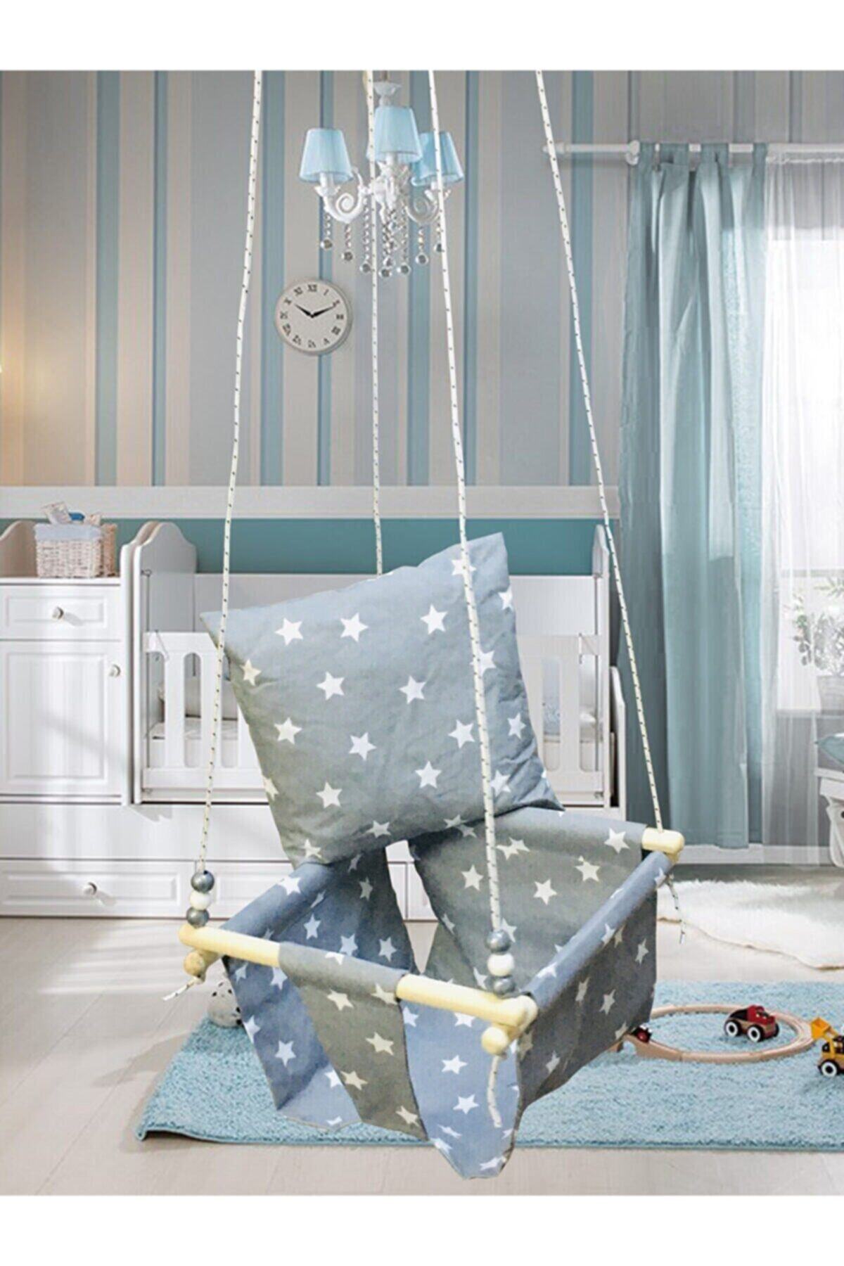 Atesshoppıng Unisex Gri Ahşap Yıldız Desenli Bebek Çocuk Bahçe Salıncağı Hamak Tavan Salıncağı Ev Salıncak Beşik