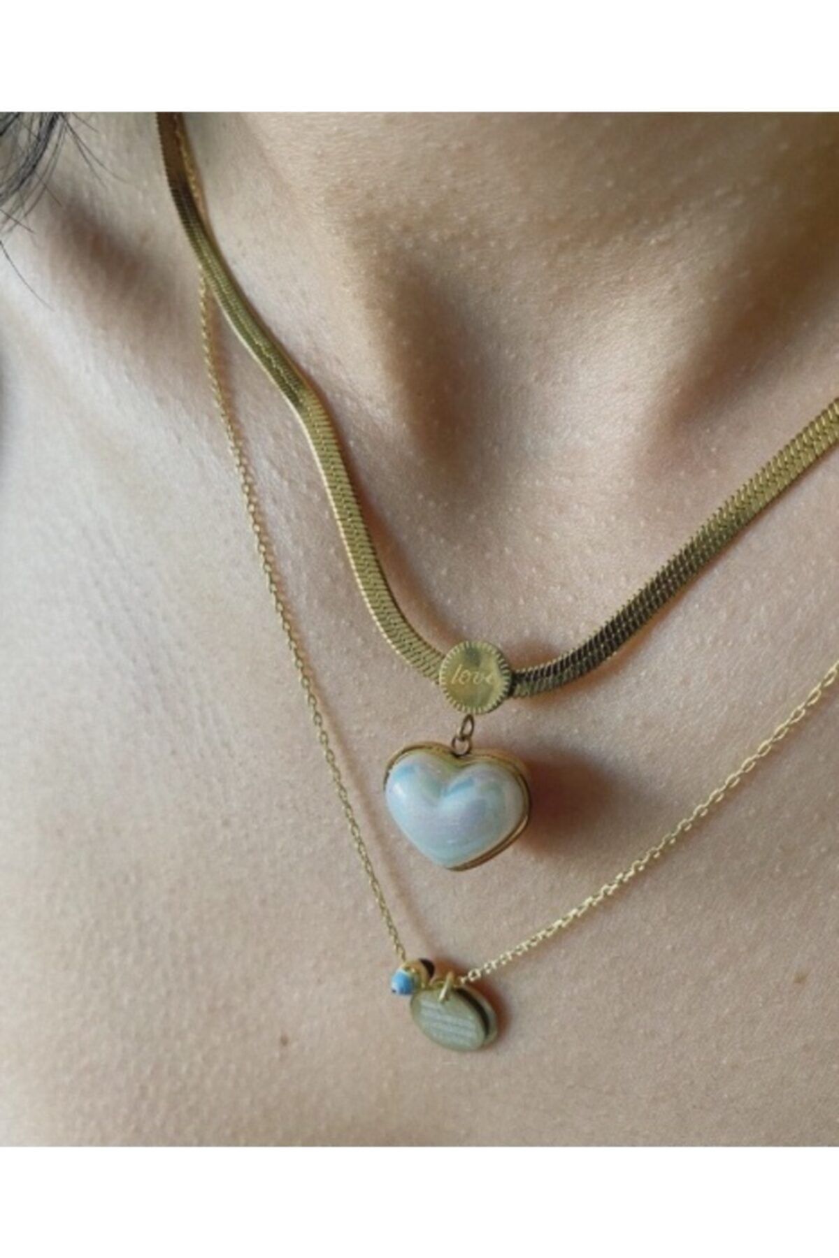 jevylove accessories Paslanmaz Çelik Sedefli Kalpli Italyan Zincir Kolye