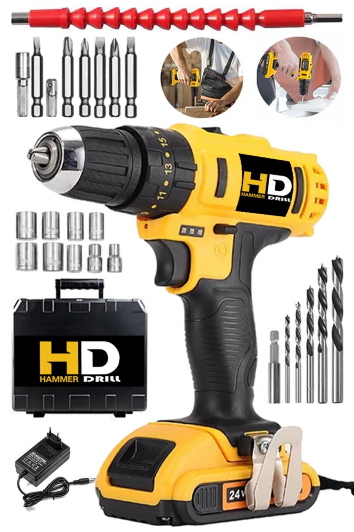 HD Hammer Drill American 24 V 5 Ah Power Metal Şanzuman Bakır Sargılı Çift Akülü Şarjlı Vidalama Matkap 27 Parça Set