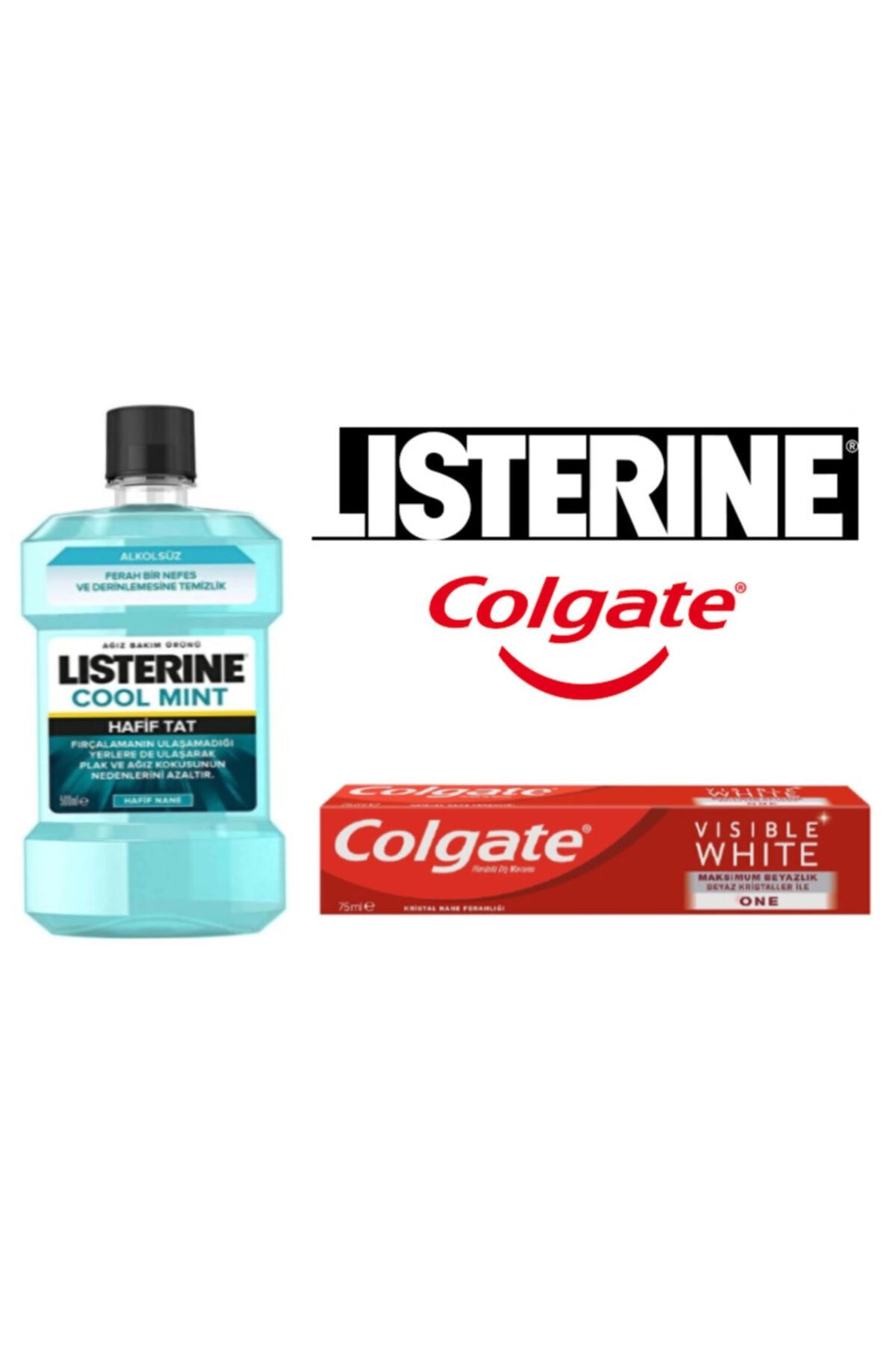 Colgate Listerine Cool Mint 500 Ml Ağız Çalkalama Suyu + Visible White 75 Ml Diş Macnu Avantaj
