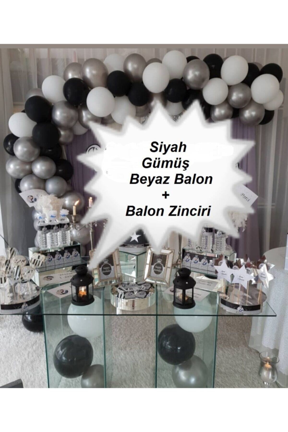 Dünya Magnet 100 Adet Metalik Balon Ve Balon Zinciri ( Gümüş, Beyaz, Siyah Karışık) Konsept Parti Balon Seti