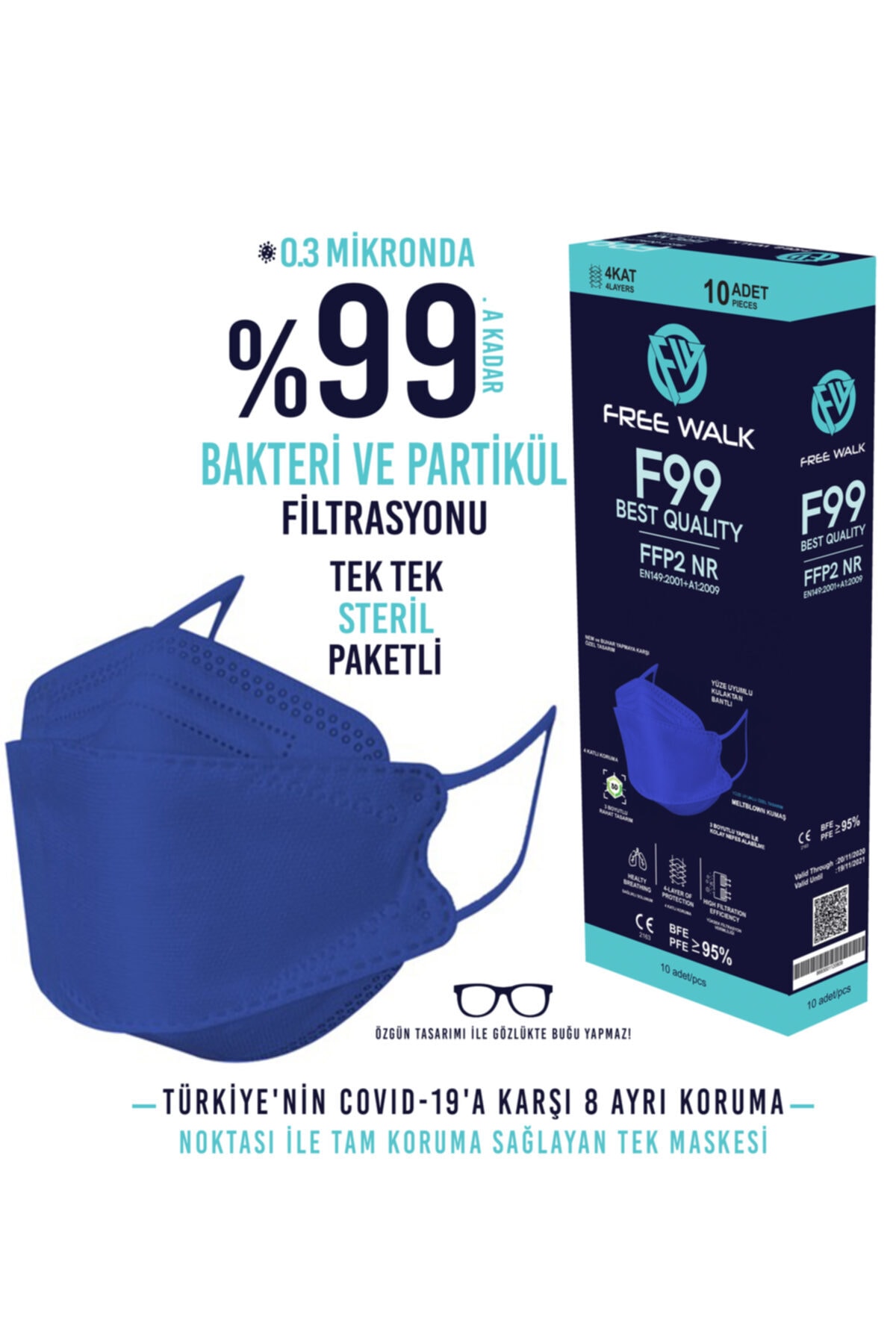 Free Walk Kore Tipi F99 Best Quality Kf94 Maske Saks Mavisi Mna Belgeli 10 Adet