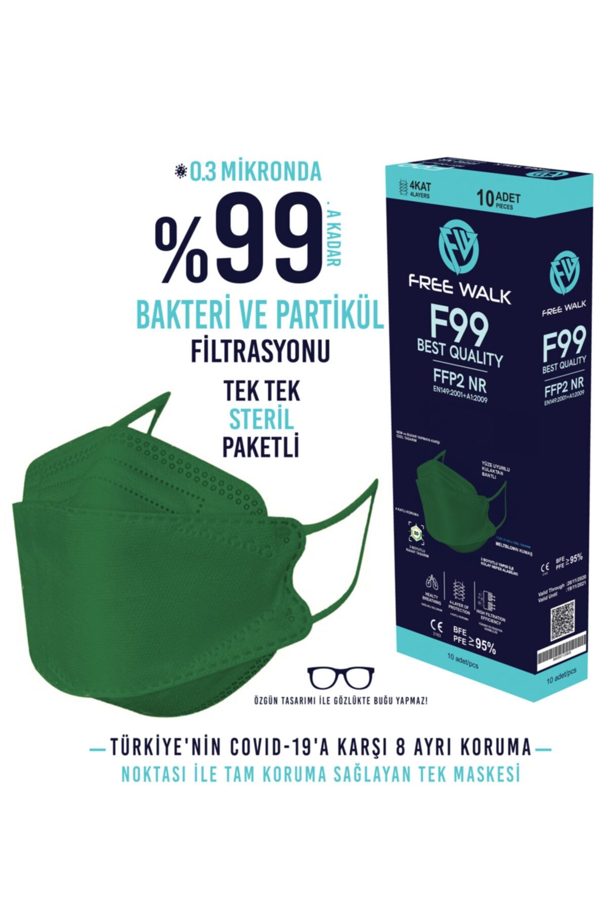 Free Walk Kore Tipi F99 Best Quality Kf94 Maske Yeşil Mna Belgeli 10 Adet