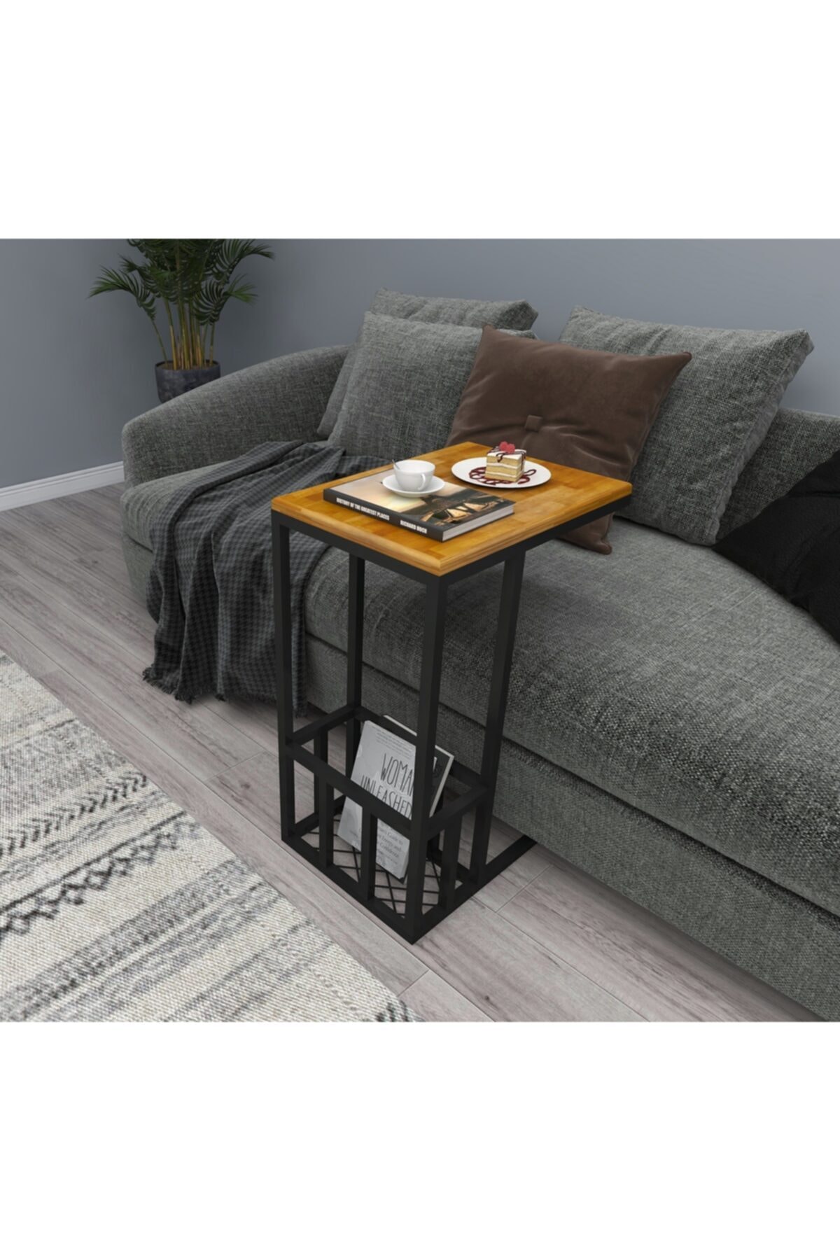 WOODFACE Prag C Yan Sehpa 62x45 Doğal Ahşap Metal Ayaklı Alt Bölümlü Meşe